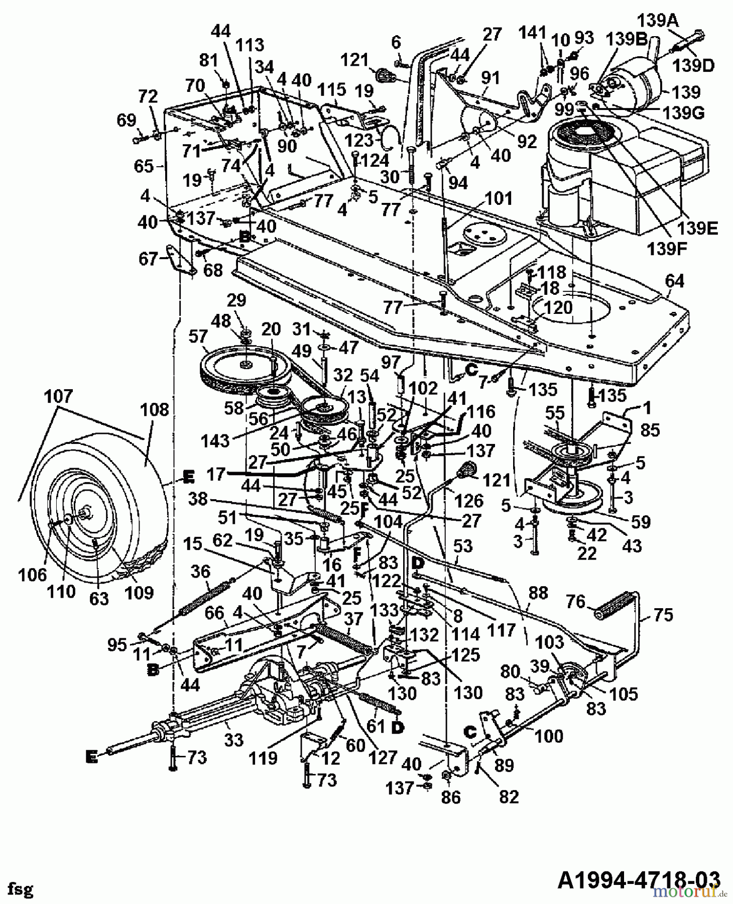 Floraself Rasentraktoren B 12 134H352D668 (1994) Fahrantrieb, Motorkeilriemenscheibe, Pedal, Räder hinten