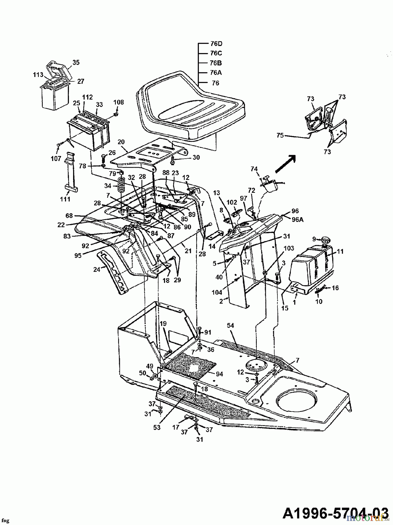 Bricolage Rasentraktoren 125/76 136L452C615 (1996) Batterie, Sitz, Sitzwanne, Tank