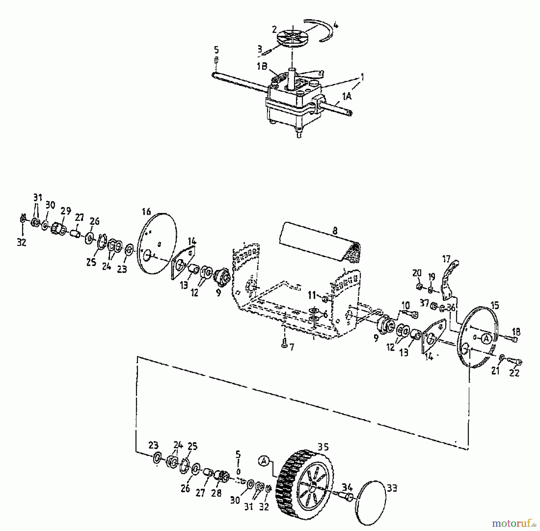 Floraself Motormäher mit Antrieb 3746 BLRE 04061.05 (1997) Getriebe, Räder, Schnitthöhenverstellung