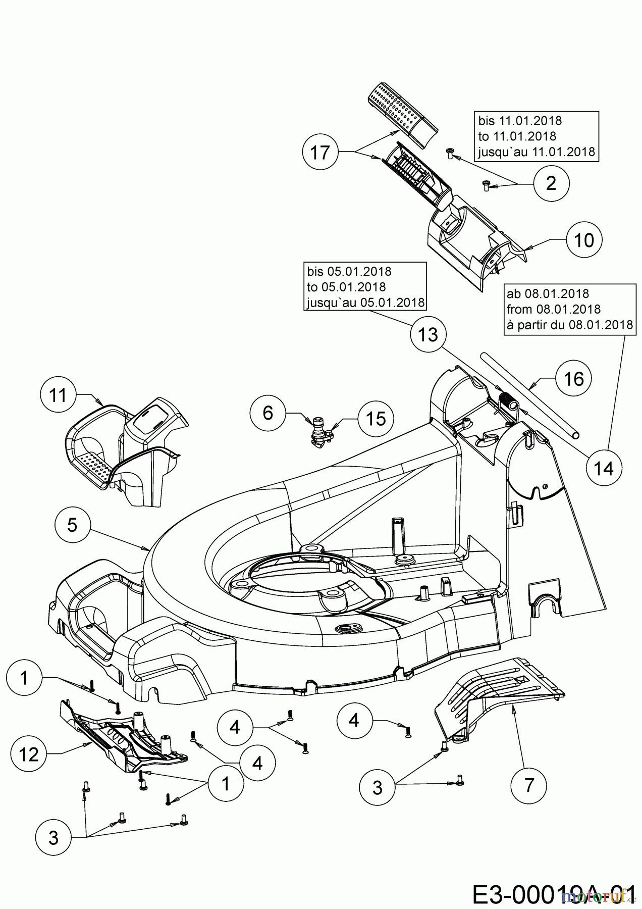 Cub Cadet Motormäher mit Antrieb XM2 ER53 12AQZAEQ603 (2018) Leitstück hinten, Mähwerksgehäuse, Stange für Heckklappe, Seitenverkleidungen