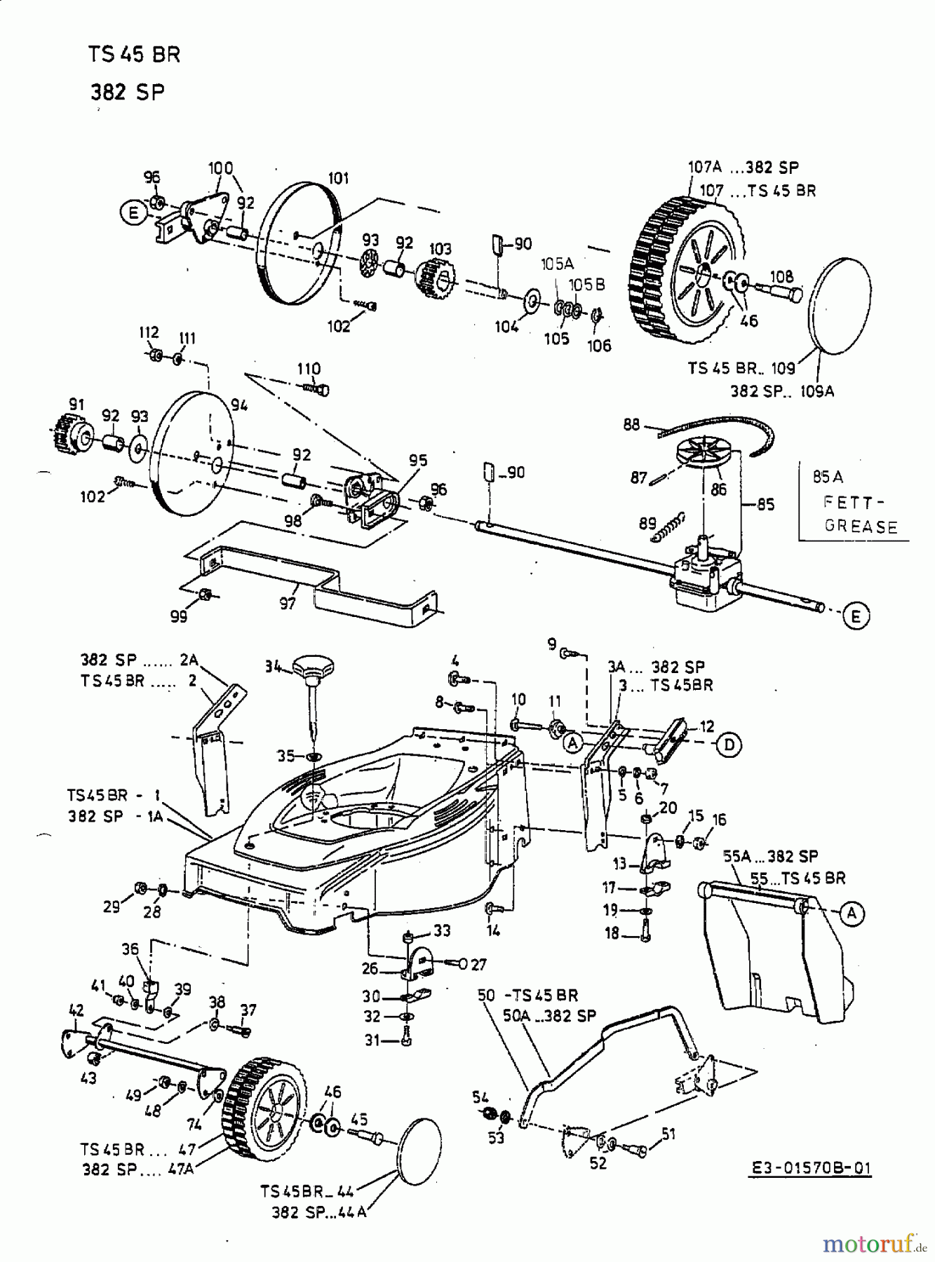 Lawnflite Motormäher mit Antrieb 382 SP 12B-T18V611 (2002) Getriebe, Räder, Schnitthöhenverstellung