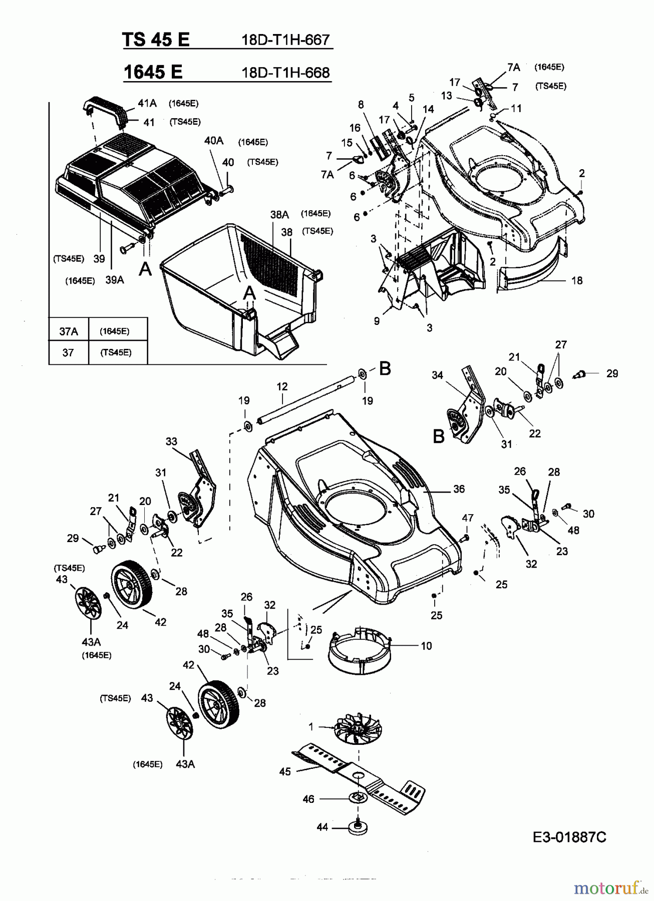 Floraself Elektromäher 1645 E 18D-T1H-668 (2005) Grasfangkorb, Höhenverstellung, Messer, Räder