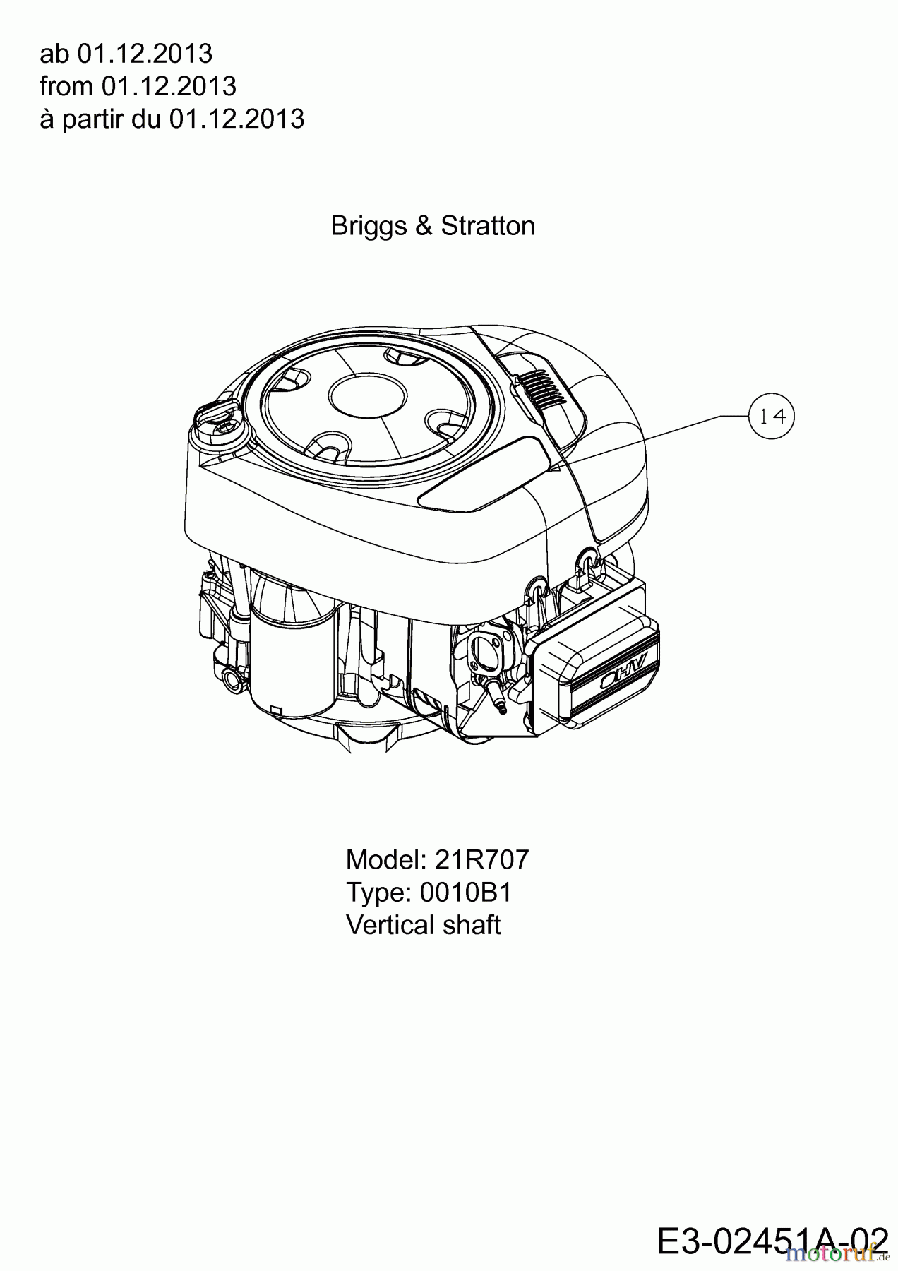  MTD Rasentraktoren Smart RF 125 13HH765F600  (2014) Motor Briggs & Stratton ab 01.12.2013