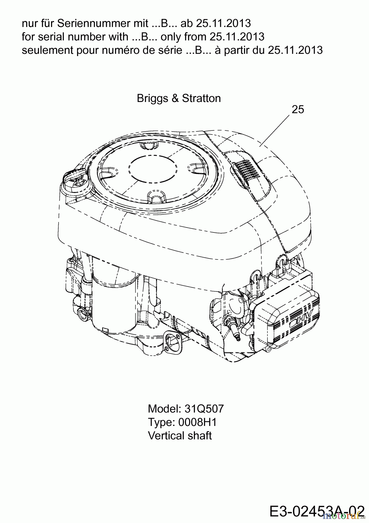  MTD Rasentraktoren Smart RG 145 13CM765G600  (2014) Motor Briggs & Stratton nur für Seriennummer mit ...B... ab 25.11.2013