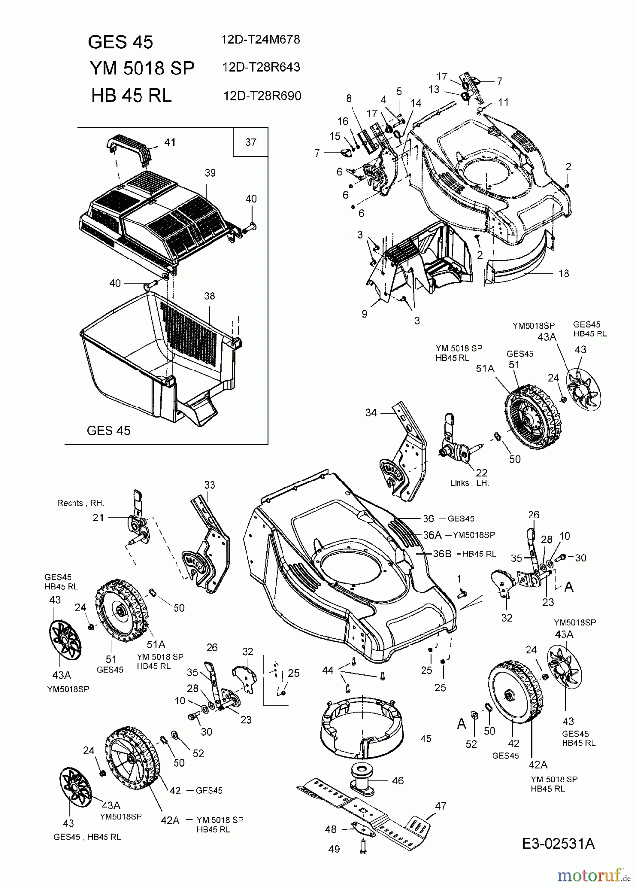 Gutbrod Motormäher mit Antrieb HB 45 RL 12D-T28R690 (2005) Grasfangkorb, Höhenverstellung, Messer, Räder