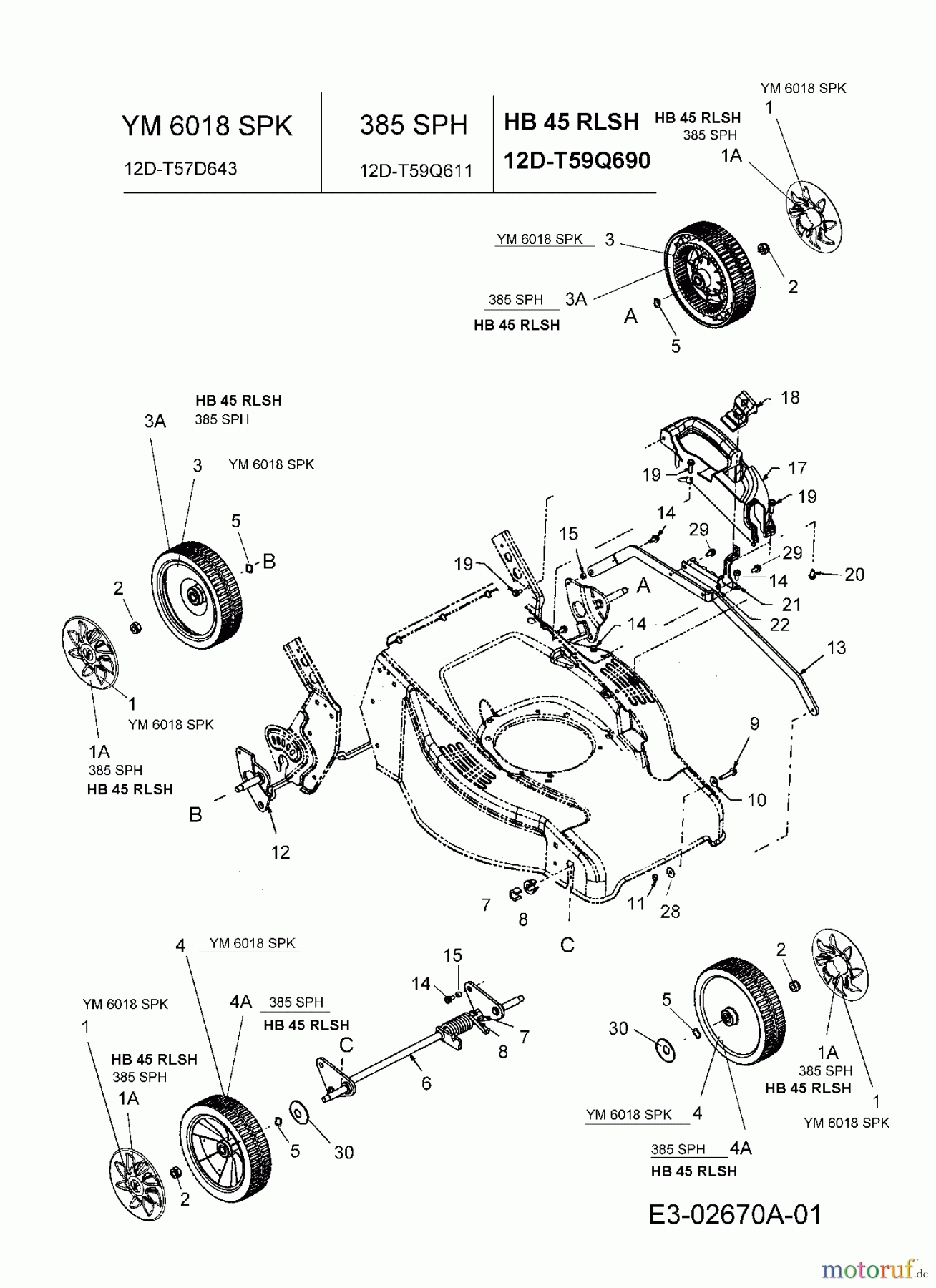 Lawnflite Motormäher mit Antrieb 385 SPH 12D-T59Q611 (2006) Räder, Schnitthöhenverstellung
