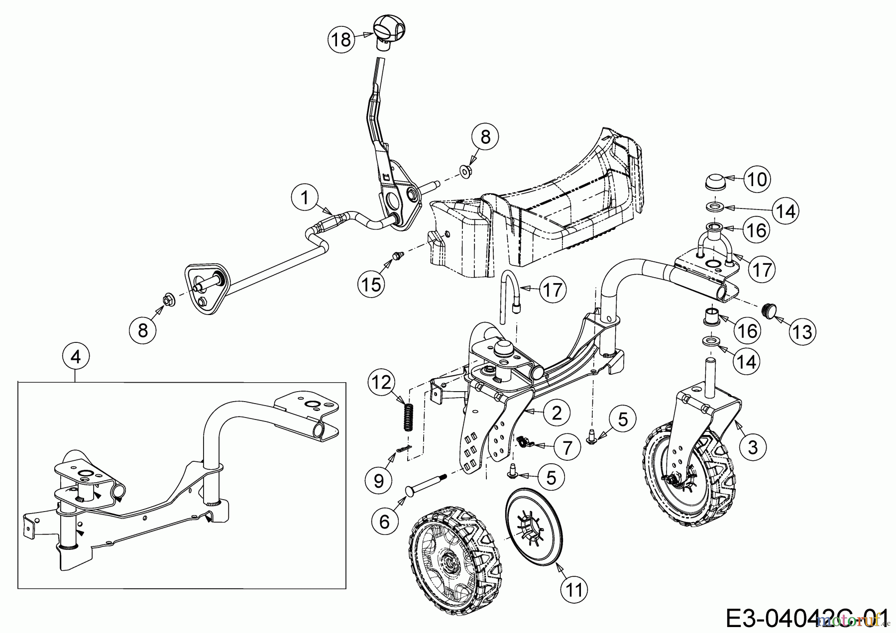 Cub Cadet Motormäher mit Antrieb CC 53 SPO W 12AQC6J3603 (2017) Achsen, Höhenverstellung, Radträger vorn