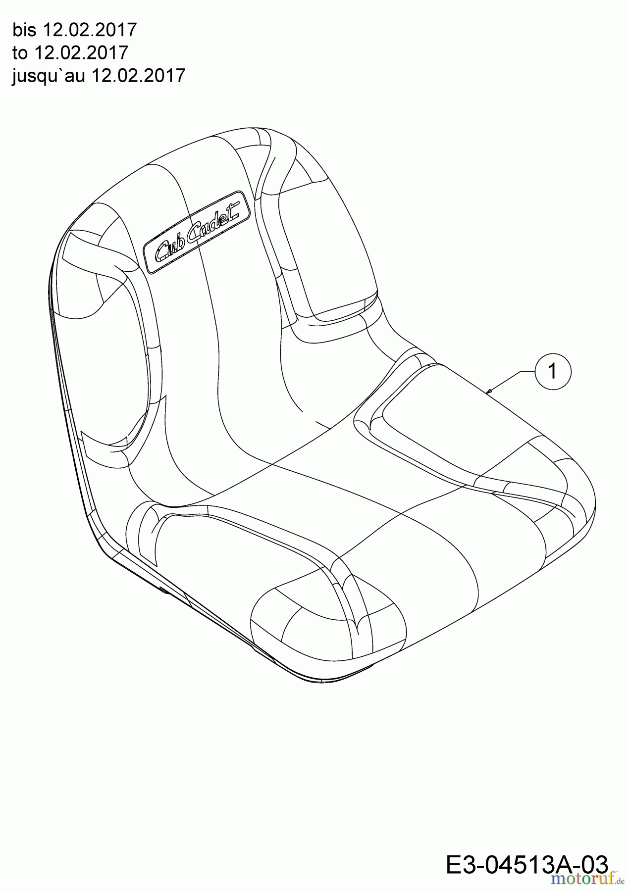 Cub Cadet Rasentraktoren XT1 OR95 13A8A1CB330 (2017) Sitz bis 12.02.2017
