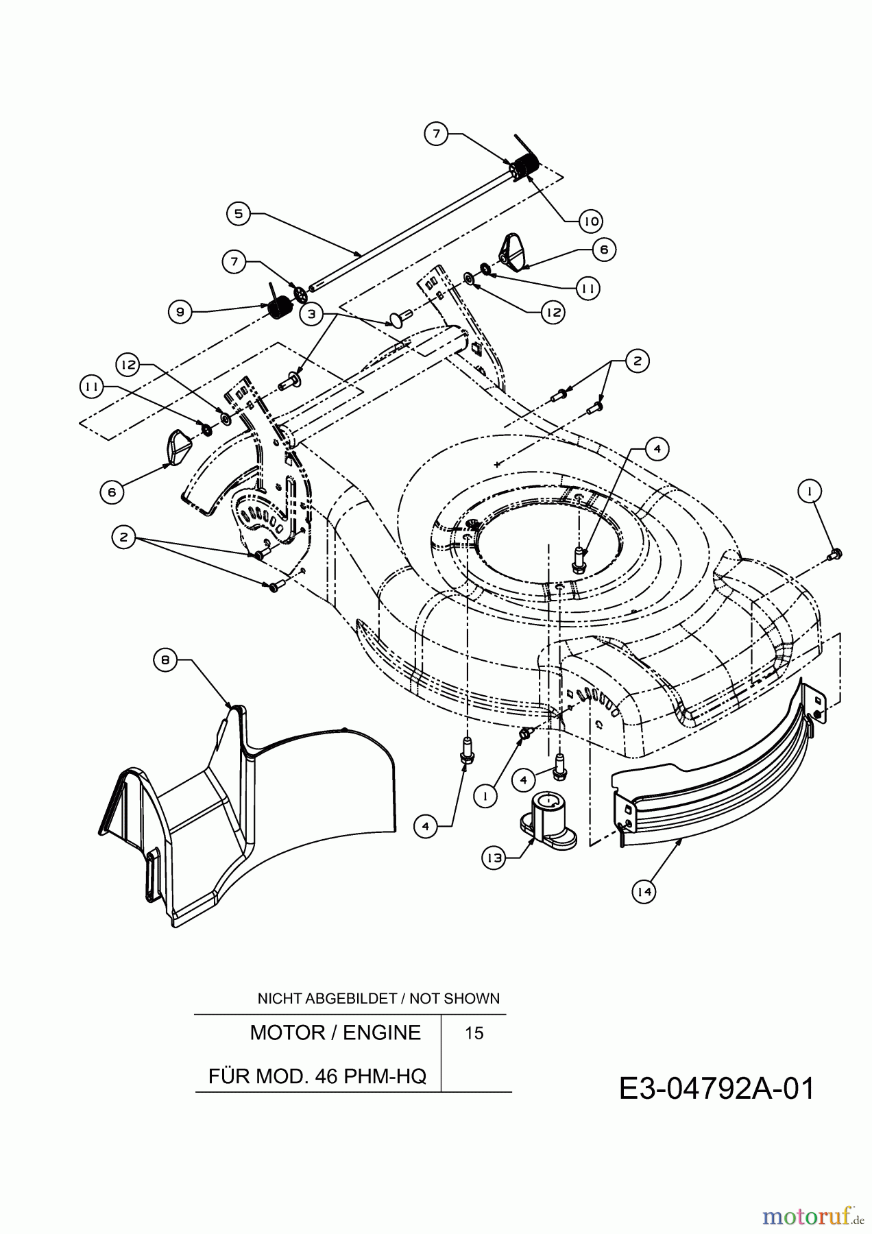  MTD Motormäher 46 PHM-HQ 11D-J1AQ616  (2009) Leitblech vorne, Leitstück hinten, Messeraufnahme, Motor