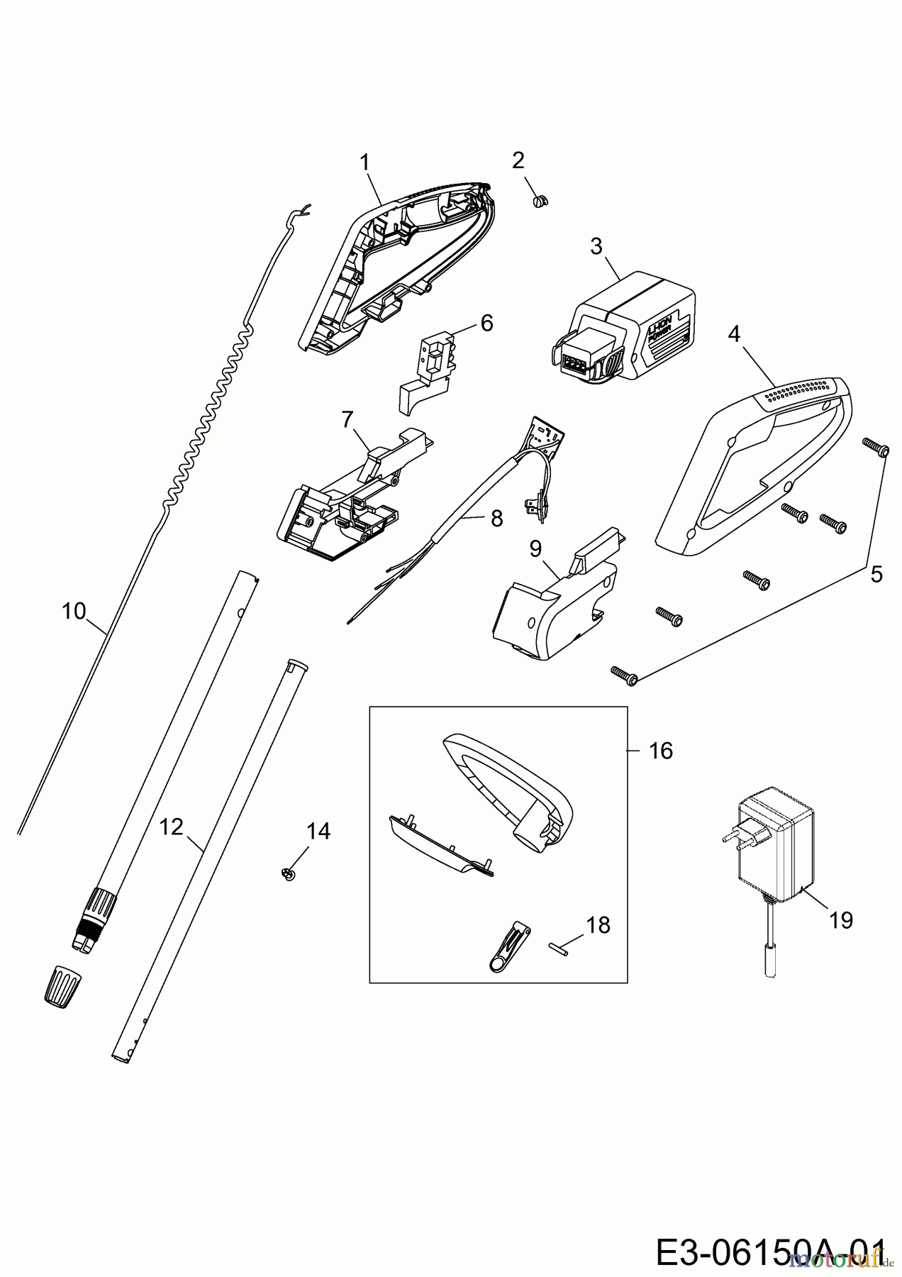 Wolf-Garten Akkutrimmer Li-Ion Power GT 815 7134880 Serie G (2010) Handgriff, Schalter, Stiel