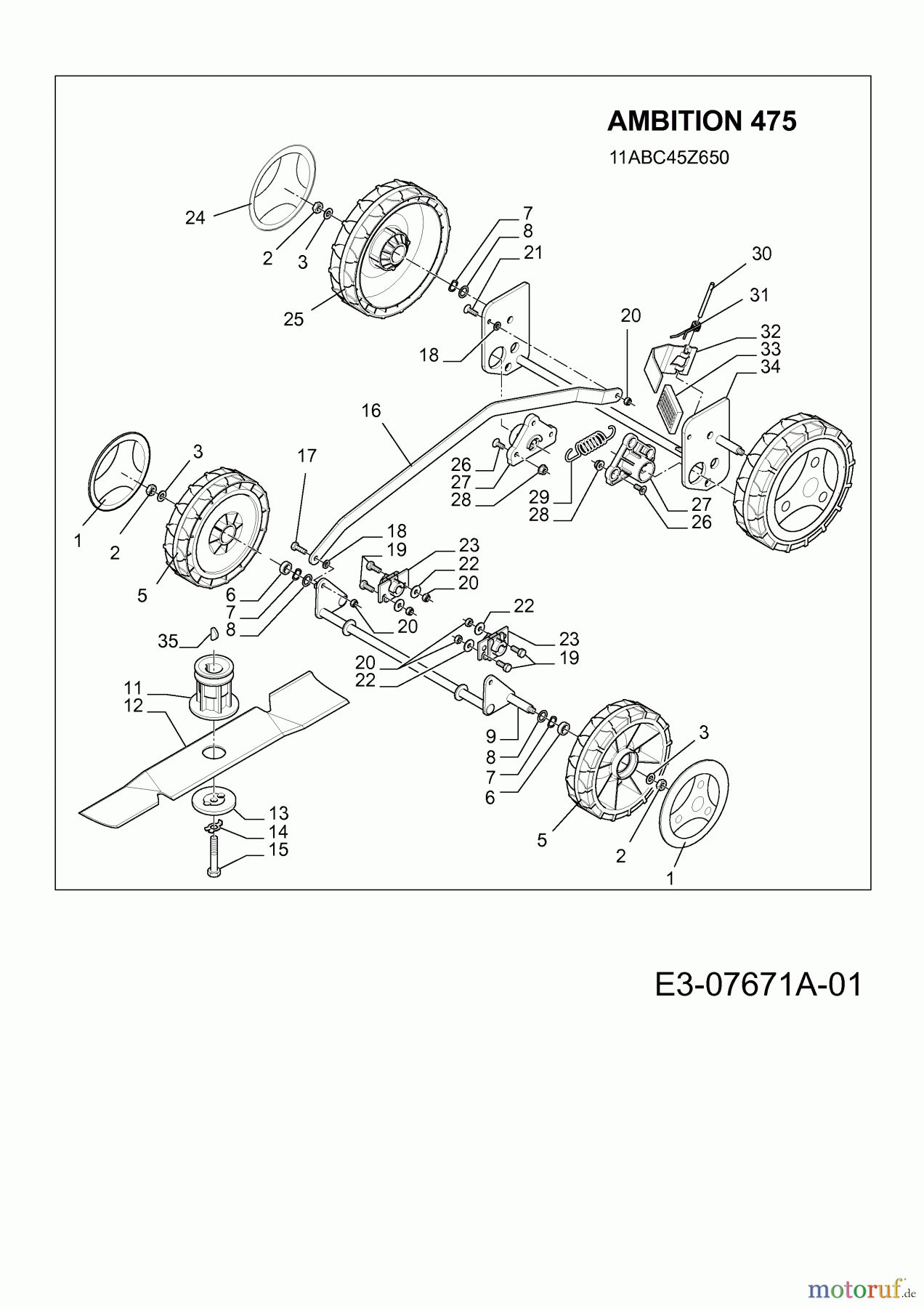  Wolf-Garten Motormäher Ambition 475 11ABC45Z650  (2012) Messer, Räder, Schnitthöhenverstellung