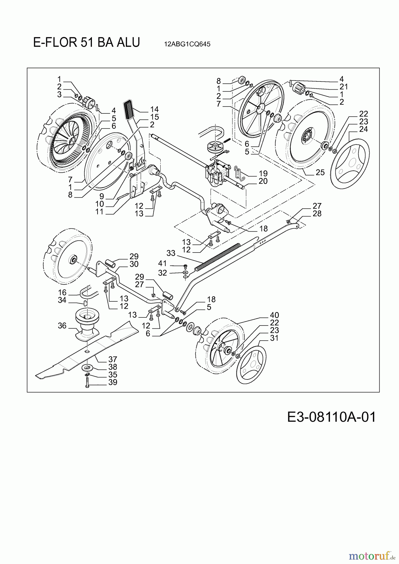  E-Flor Motormäher mit Antrieb 51 BAALU 12ABG1CQ645  (2013) Messer, Räder, Schnitthöhenverstellung, Getriebe