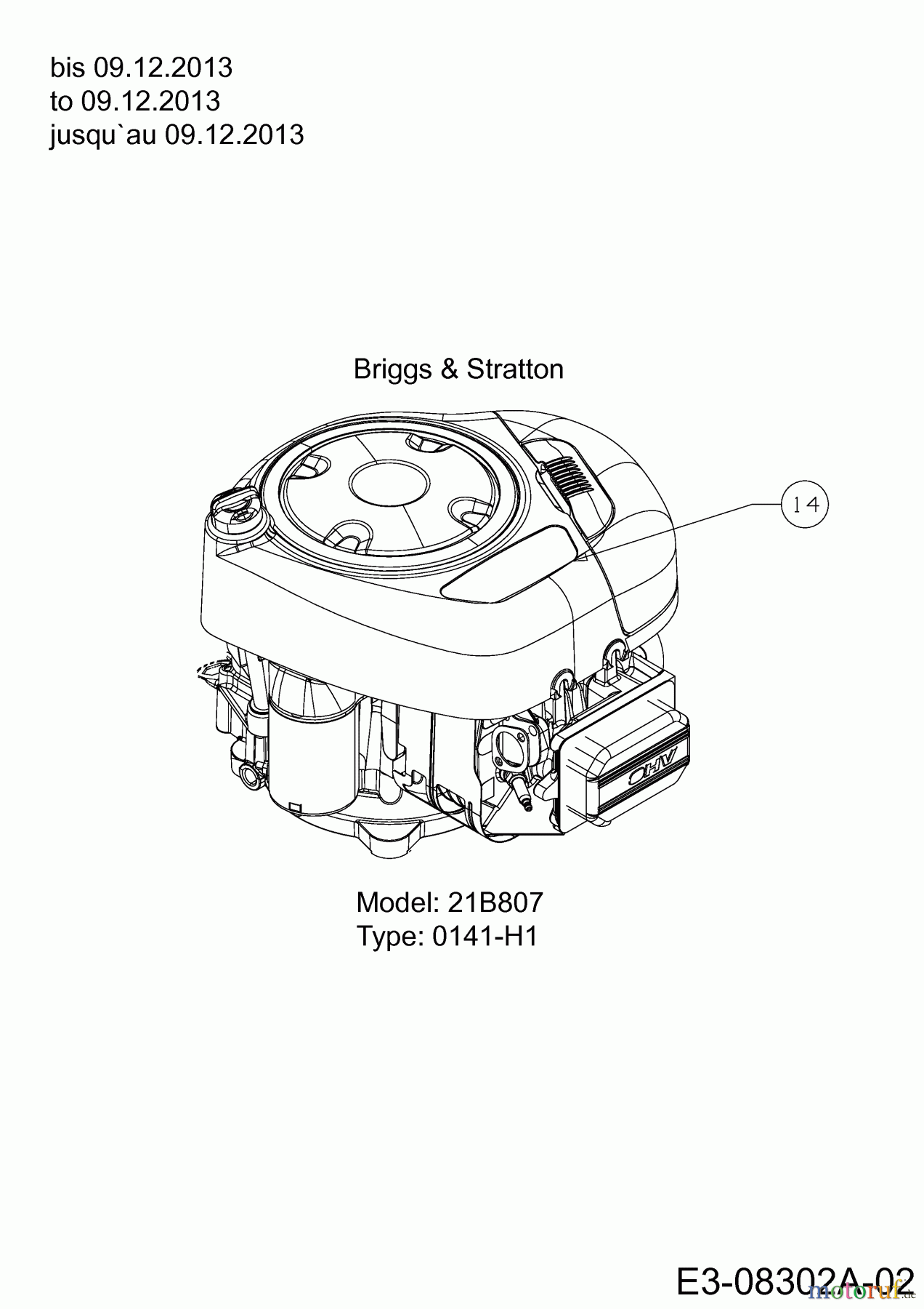 Bestgreen Rasentraktoren BG 1392 RBK 13HH765E655 (2014) Motor Briggs & Stratton bis 09.12.2013