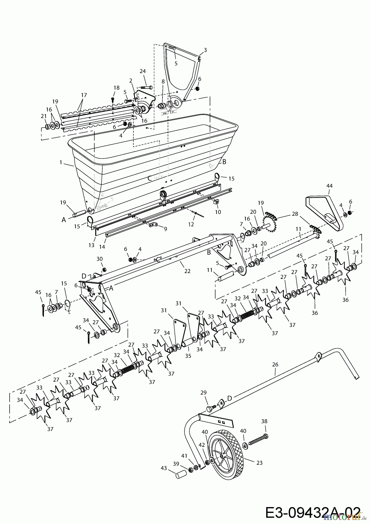 MTD Zubehör Zubehör Garten- und Rasentraktoren Rasenlüfter mit Streuer 45-0301 (196-064-000) 196-064-000 (2015) Grundgerät