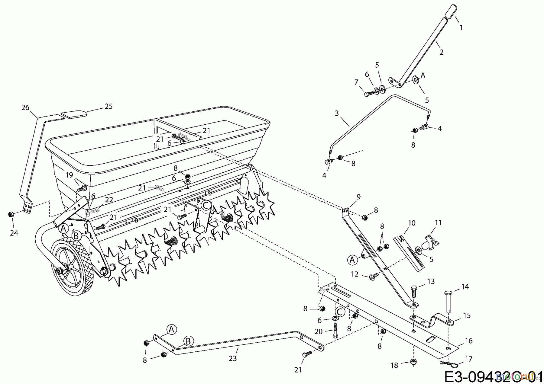 MTD Zubehör Zubehör Garten- und Rasentraktoren Rasenlüfter mit Streuer 45-03012 (196-064-000) 196-064-000 (2016) Grundgerät