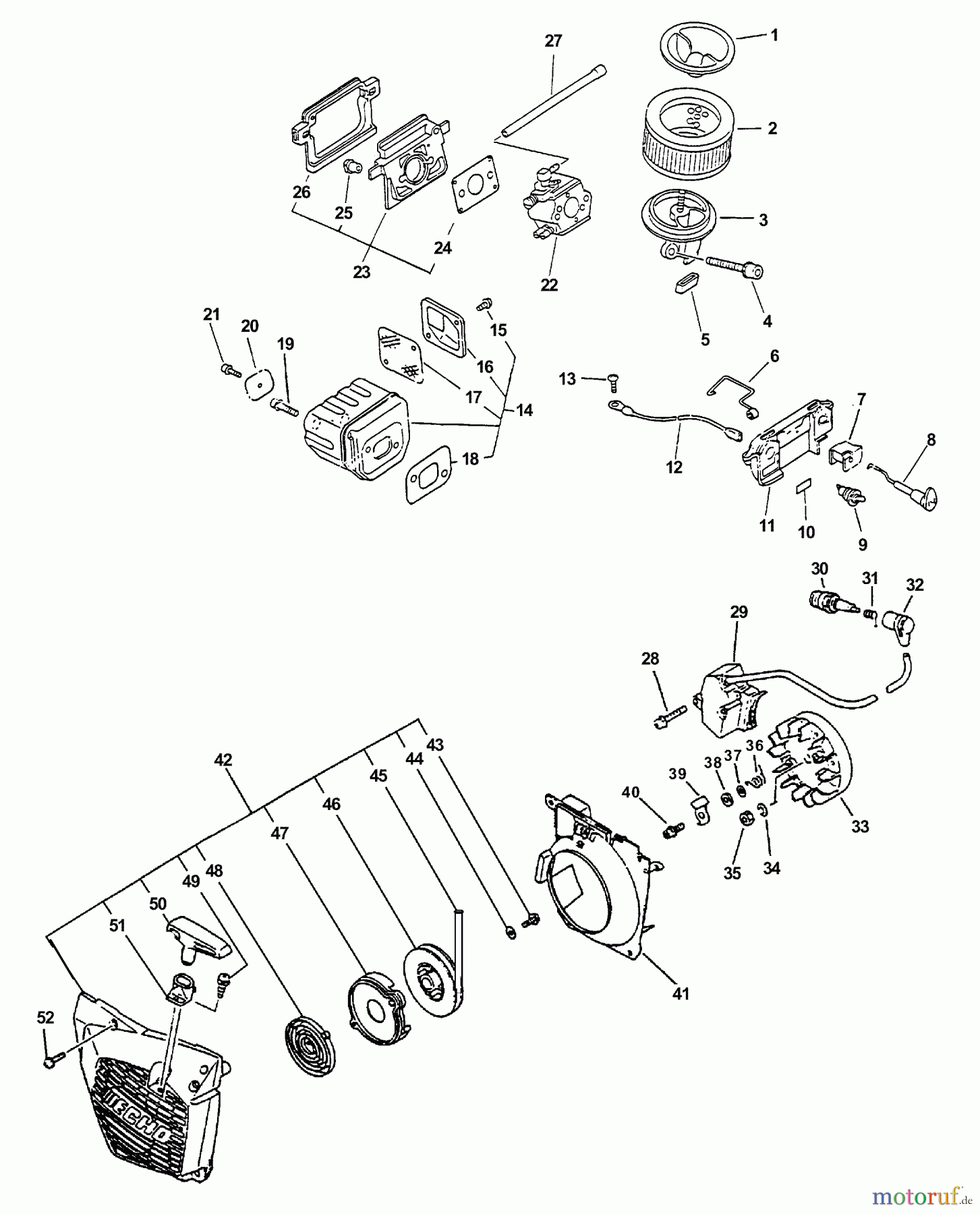 Echo Sägen, Kettensägen CS-4400 - Echo Chainsaw, S/N: 001001 - 101000 (Type 1E) Starter, Ignition, Intake, Air Filter, Exhaust, Stop Switch
