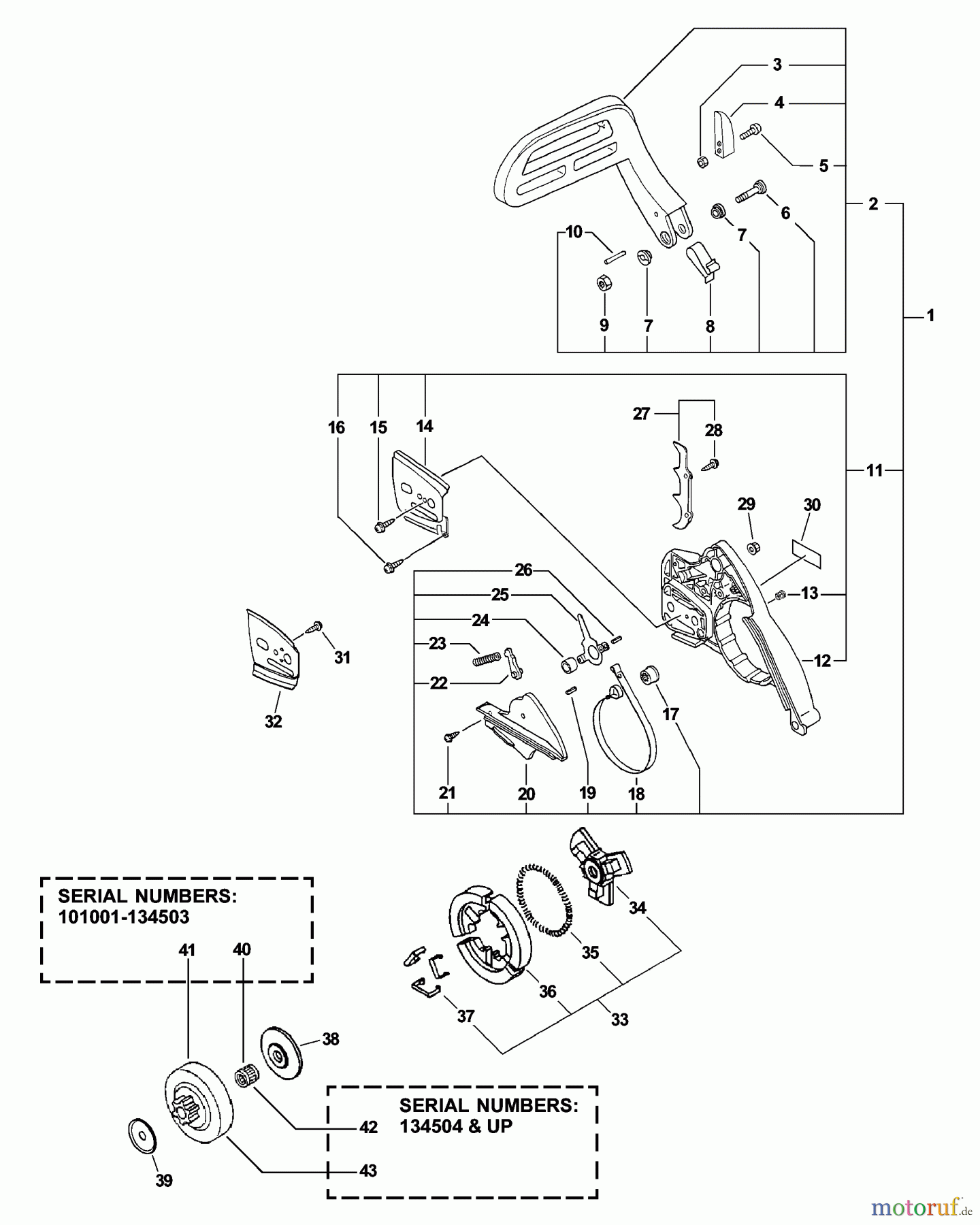  Echo Sägen, Kettensägen CS-4400 - Echo Chainsaw, S/N: 101001 - 999999 (Type 1E) Chain Brake, Clutch