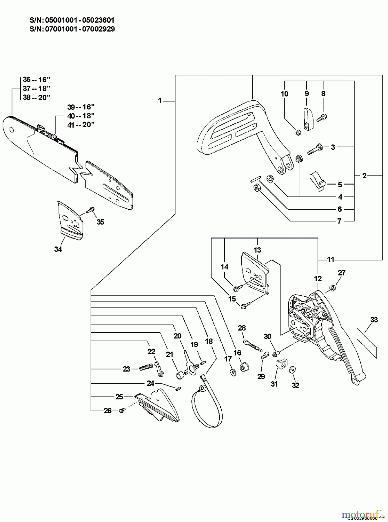  Echo Sägen, Kettensägen CS-520 - Echo Chainsaw, S/N: 07001001 - 07999999 Chain Brake, Cutting Attachment  S/N: 07001001 - 07002929