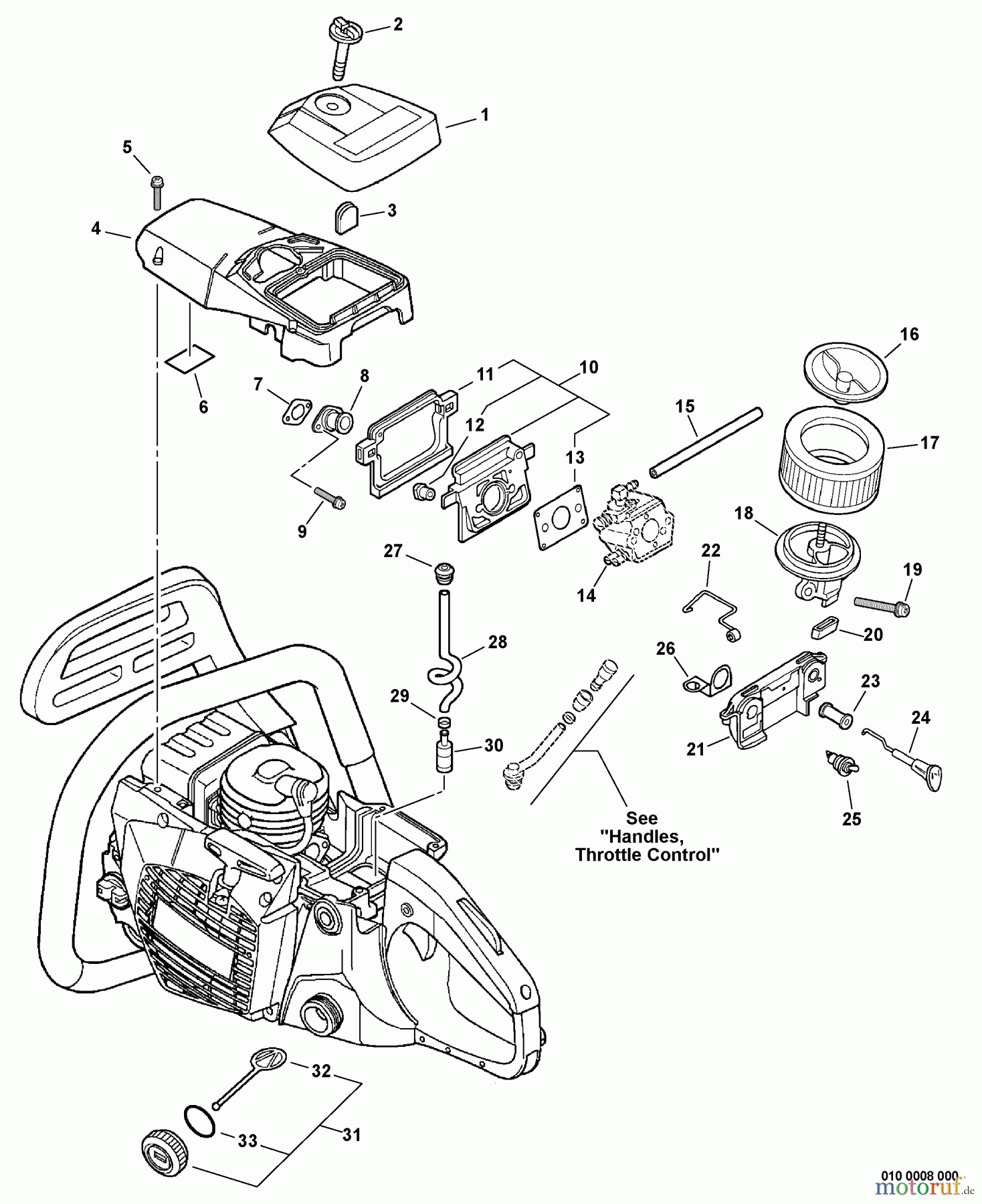 Echo Sägen, Kettensägen CS-520 - Echo Chainsaw, S/N: C09312001001 - C09312999999 Cylinder Cover, Fuel System, Ignition Switch, Intake