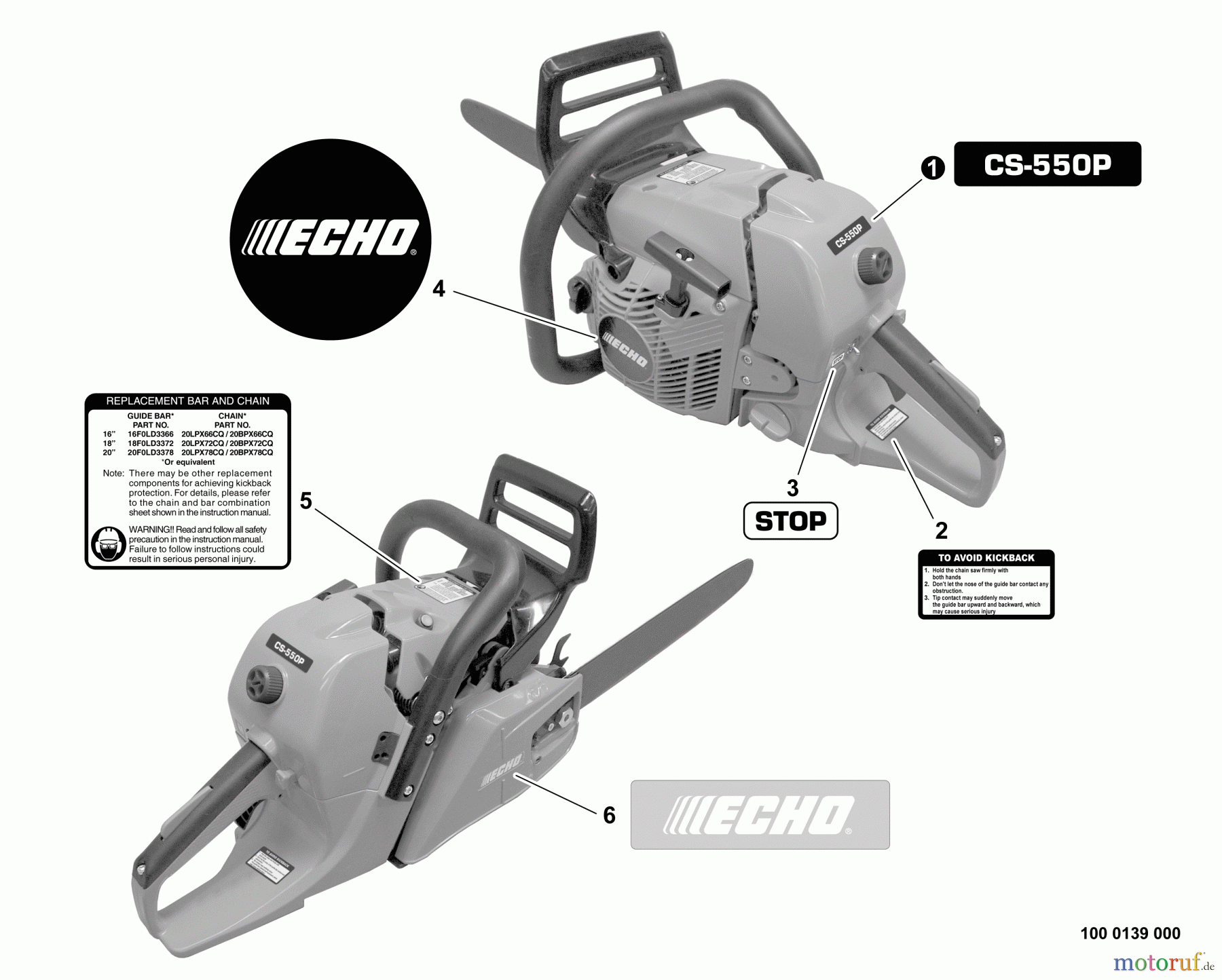Echo Sägen, Kettensägen CS-550P - Echo Chainsaw, S/N: C10712001001 - C10712999999 Labels