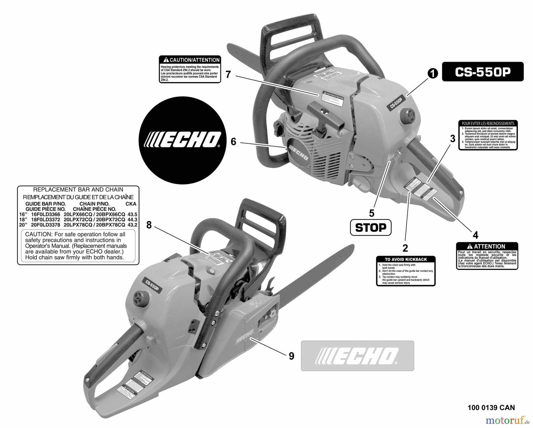  Echo Sägen, Kettensägen CS-550P - Echo Chainsaw, S/N: C14113001001 - C14113999999 Labels