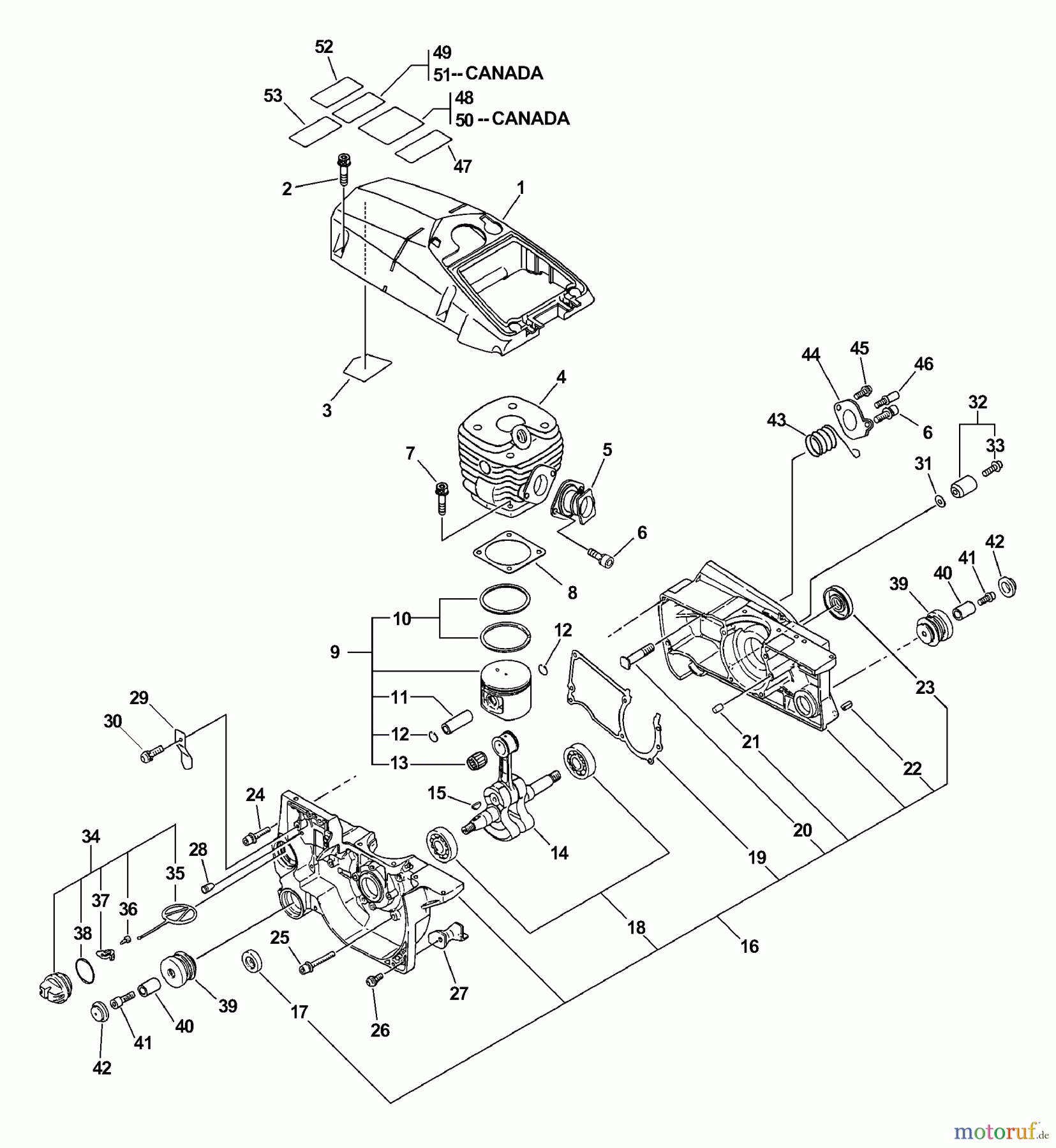 Echo Sägen, Kettensägen CS-670 - Echo Chainsaw, S/N: 03001001 - 03999999 Engine, Crankcase, Cylinder Cover