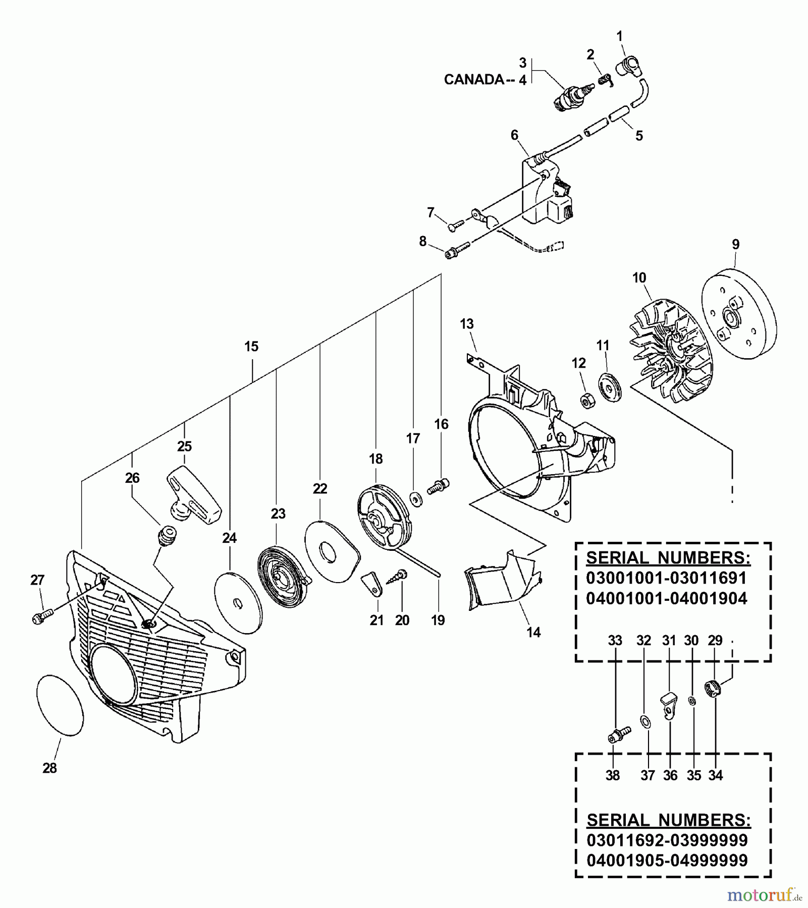 Echo Sägen, Kettensägen CS-670 - Echo Chainsaw, S/N: 04001001 - 04999999 Ignition, Starter, Flywheel