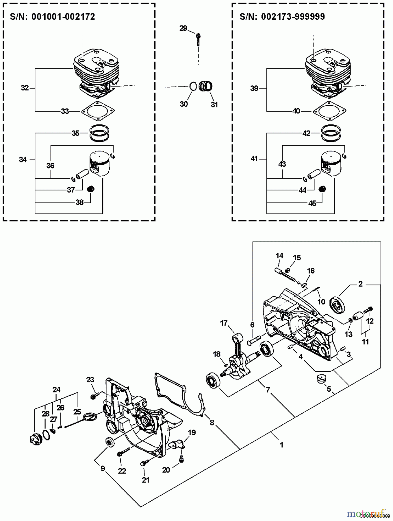  Echo Sägen, Kettensägen CS-8000 - Echo Chainsaw (Type 1E) Engine, Cylinder, Crankcase, Oil Cap, Chain Catcher
