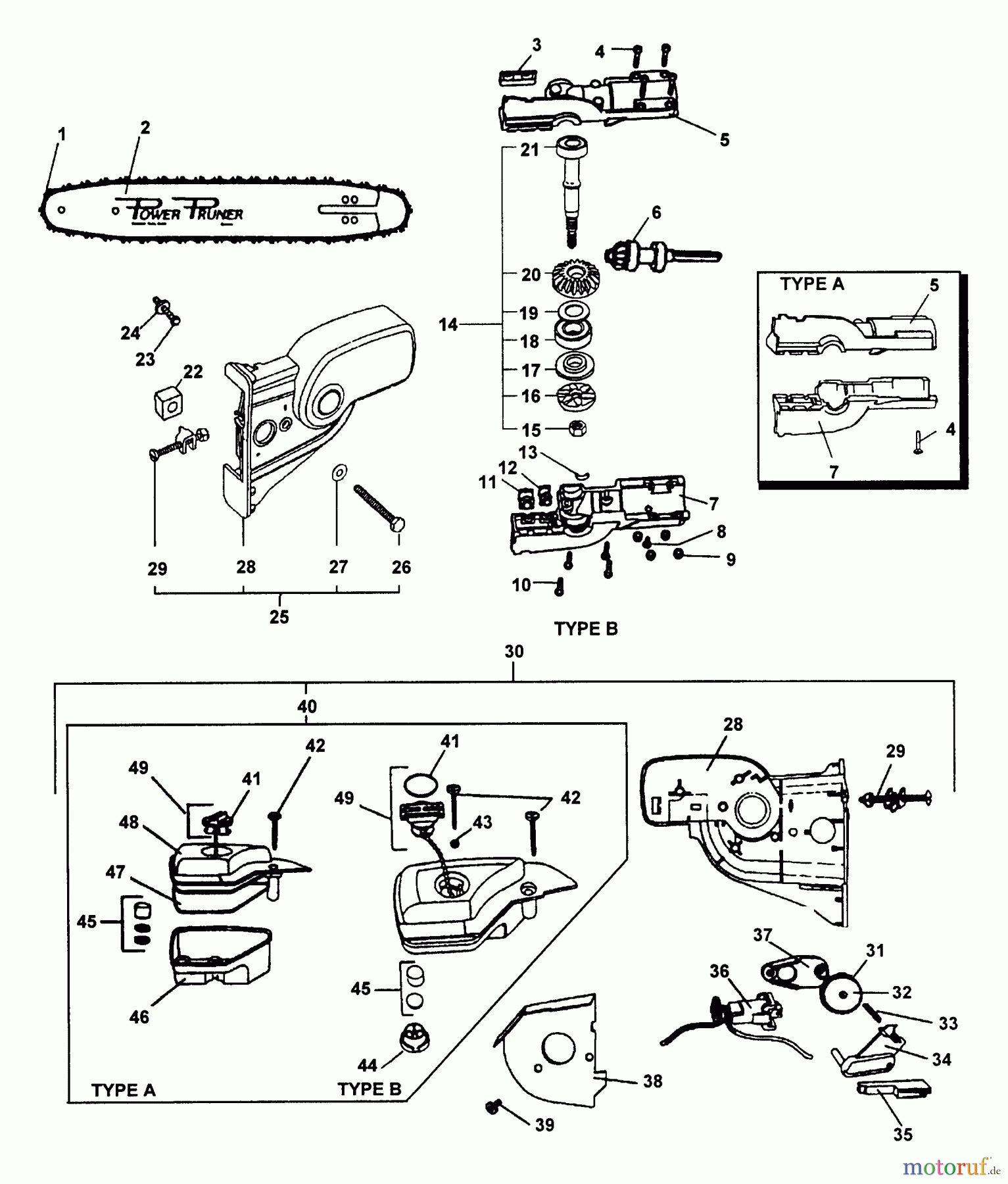 Echo Hochentaster PP-1200 - Echo Pole Saw / Pruner (Type 1E) Gearcase, Oiler Asy, Guide Bar, Chain