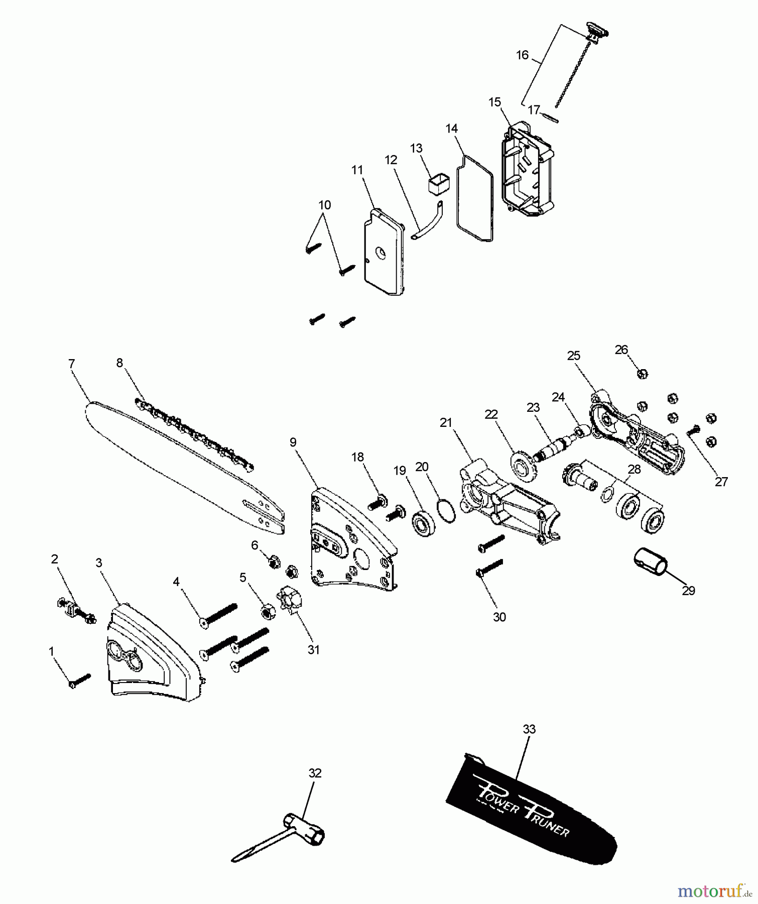 Echo Hochentaster PPSR-2433 - Echo Pole Saw / Pruner, S/N: 001001 - 503999 (Type 1E) Gearcase, Guide Bar, Saw Chain, Oiler, Tools