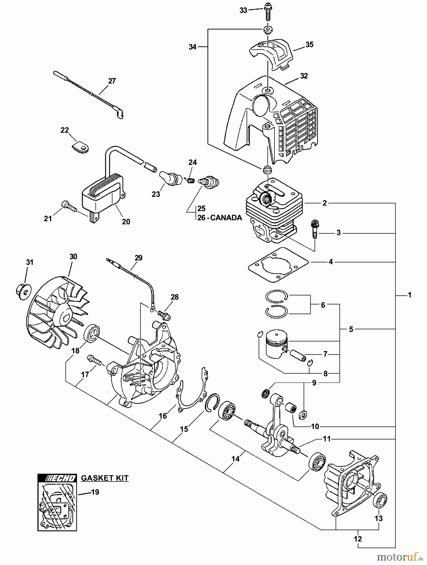 Echo Hochentaster PPT-230 - Echo Pole Saw / Pruner, S/N: 04001001 - 04999999 Engine, Short Block, Ignition, Cylinder Cover