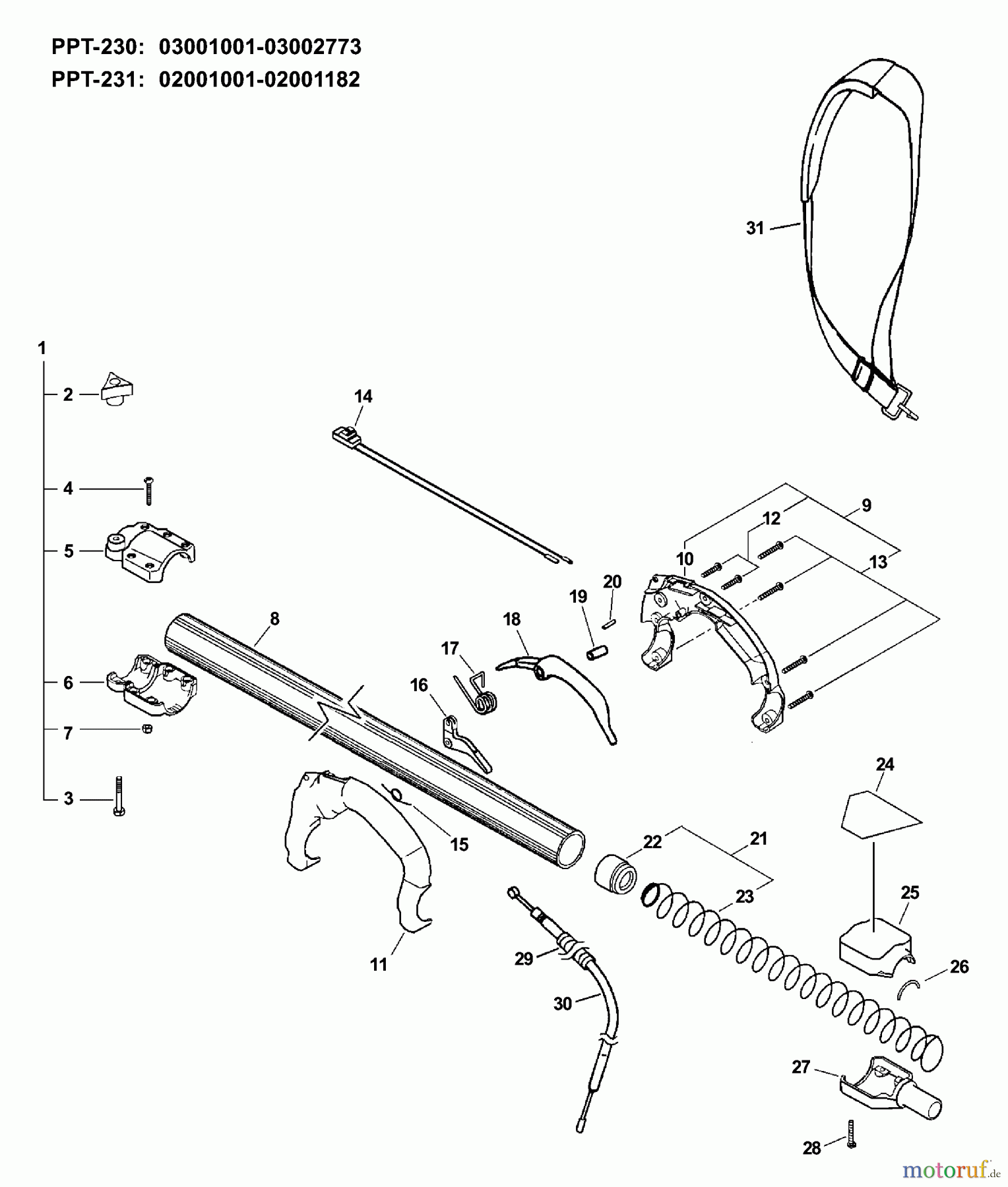Echo Hochentaster PPT-230 - Echo Pole Saw / Pruner, S/N: 03001001 - 03999999 Main Pipe, Throttle Cable, Stop Switch S/N: 03001001-03002773