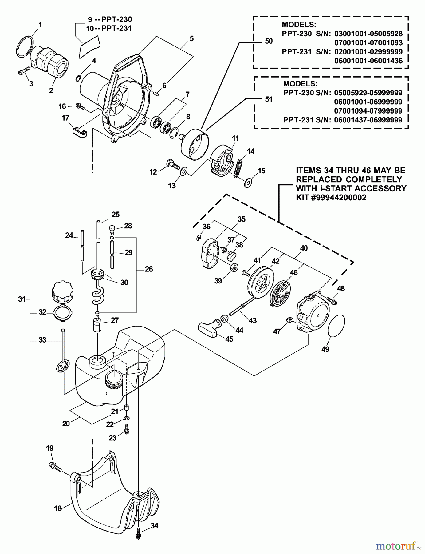 Echo Hochentaster PPT-230 - Echo Pole Saw / Pruner, S/N: 06001001 - 06999999 Fancase, Clutch, Fuel System, Starter