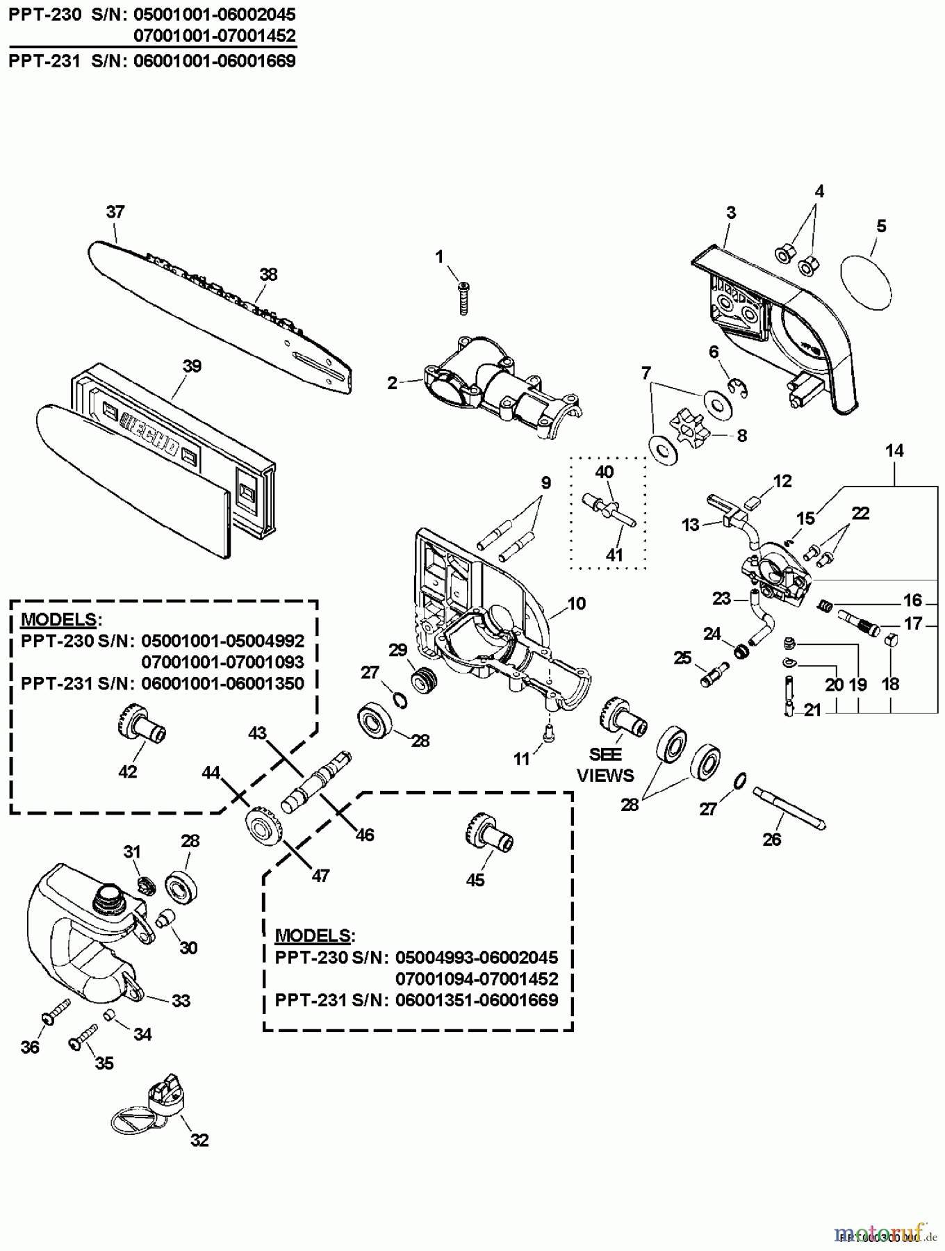 Echo Hochentaster PPT-231 - Echo Pole Saw / Pruner, S/N: 06001001 - 06999999 Gear Case, Auto-Oiler, Guide Bar, Chain S/N: 06001001 - 06001669