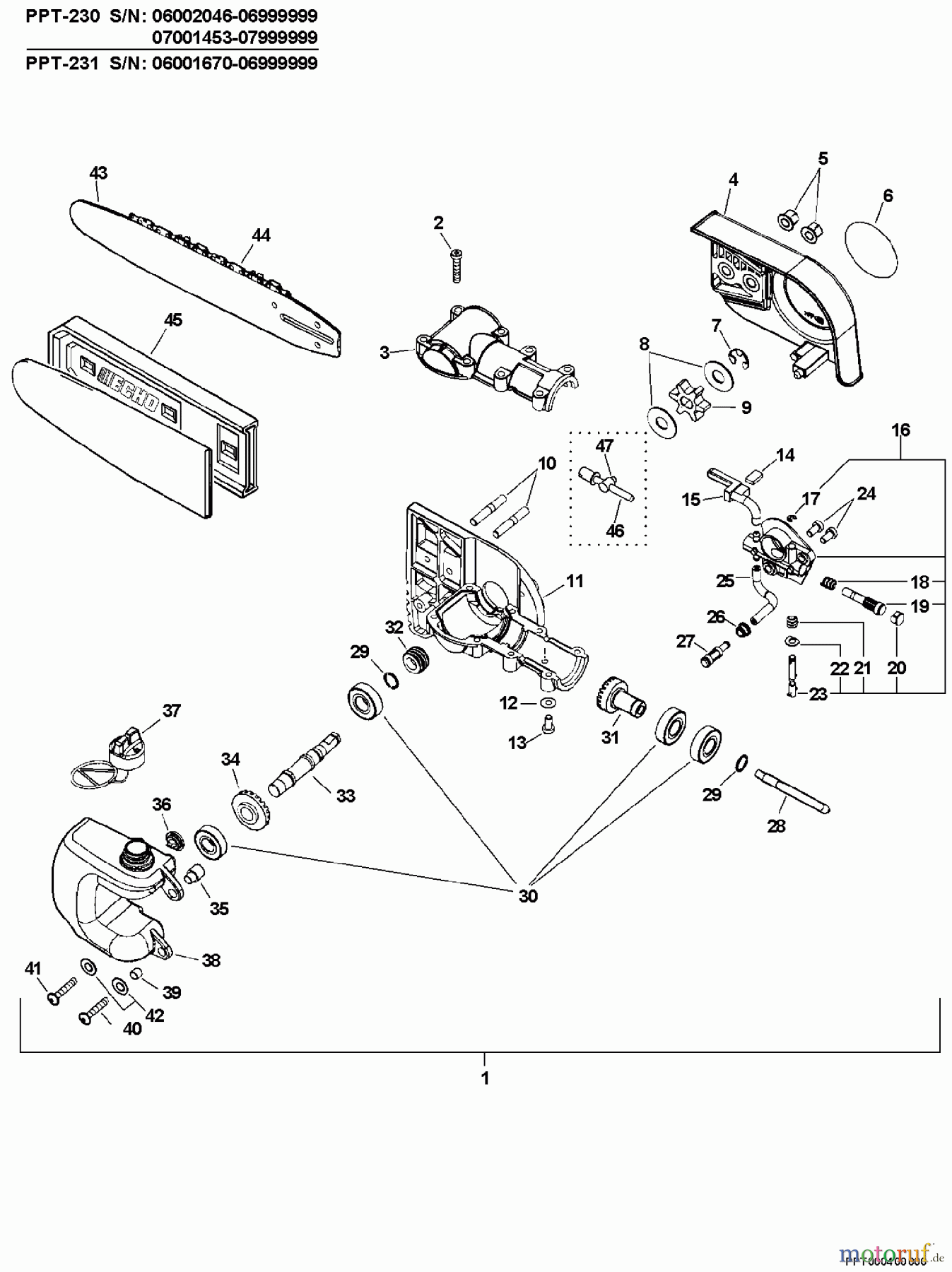 Echo Hochentaster PPT-230 - Echo Pole Saw / Pruner, S/N: 06001001 - 06999999 Gear Case, Auto-Oiler, Guide Bar, Chain S/N: 06002046 - 06999999