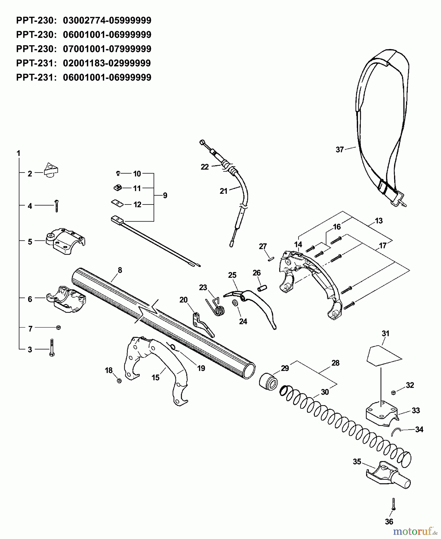 Echo Hochentaster PPT-230 - Echo Pole Saw / Pruner, S/N: 04001001 - 04999999 Main Pipe, Throttle Cable, Stop Switch S/N: 03002774-05999999