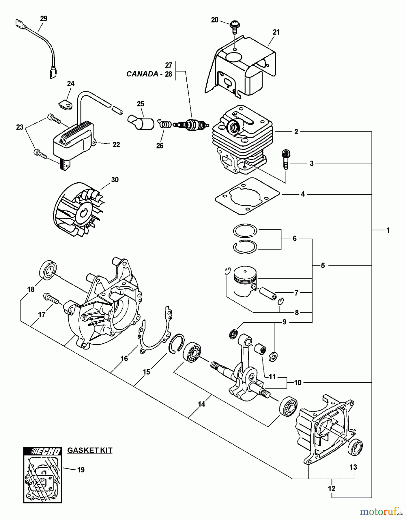Echo Bläser / Sauger / Häcksler / Mulchgeräte PB-230LN - Echo Hand Held Blower, S/N: 03001001 - 03999999 Engine, Short Block, Ignition, Cylinder Cover