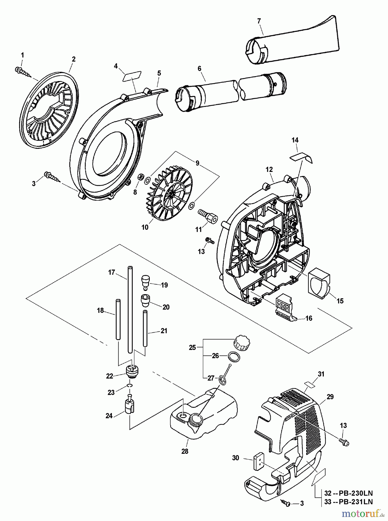 Echo Bläser / Sauger / Häcksler / Mulchgeräte PB-230LN - Echo Hand Held Blower, S/N: 07001001 - 07999999 Fan Case, Blower Pipes, Fuel System