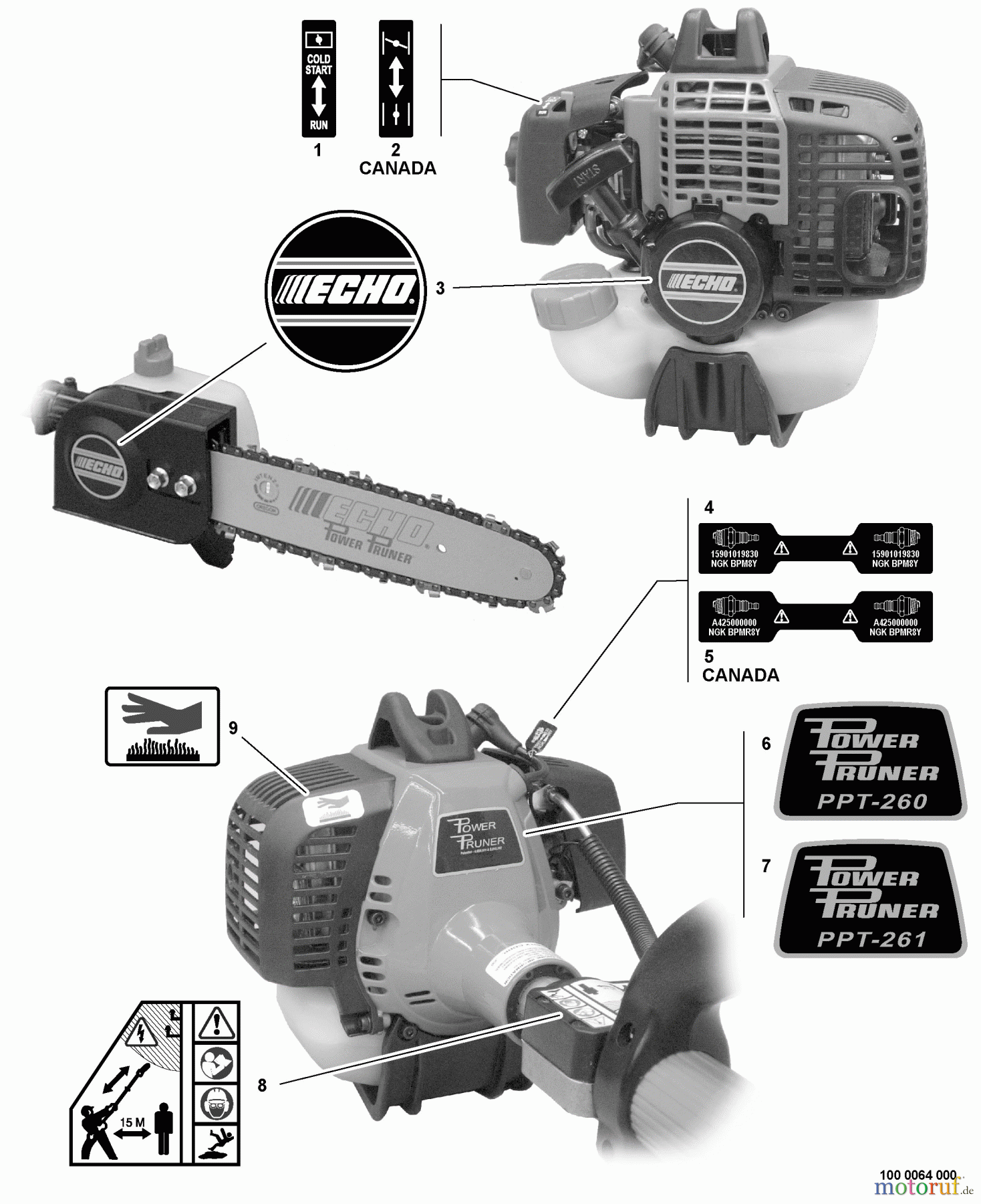 Echo Hochentaster PPT-260 - Echo Pole Saw / Pruner, S/N: E07911001001 - E07911999999 Labels