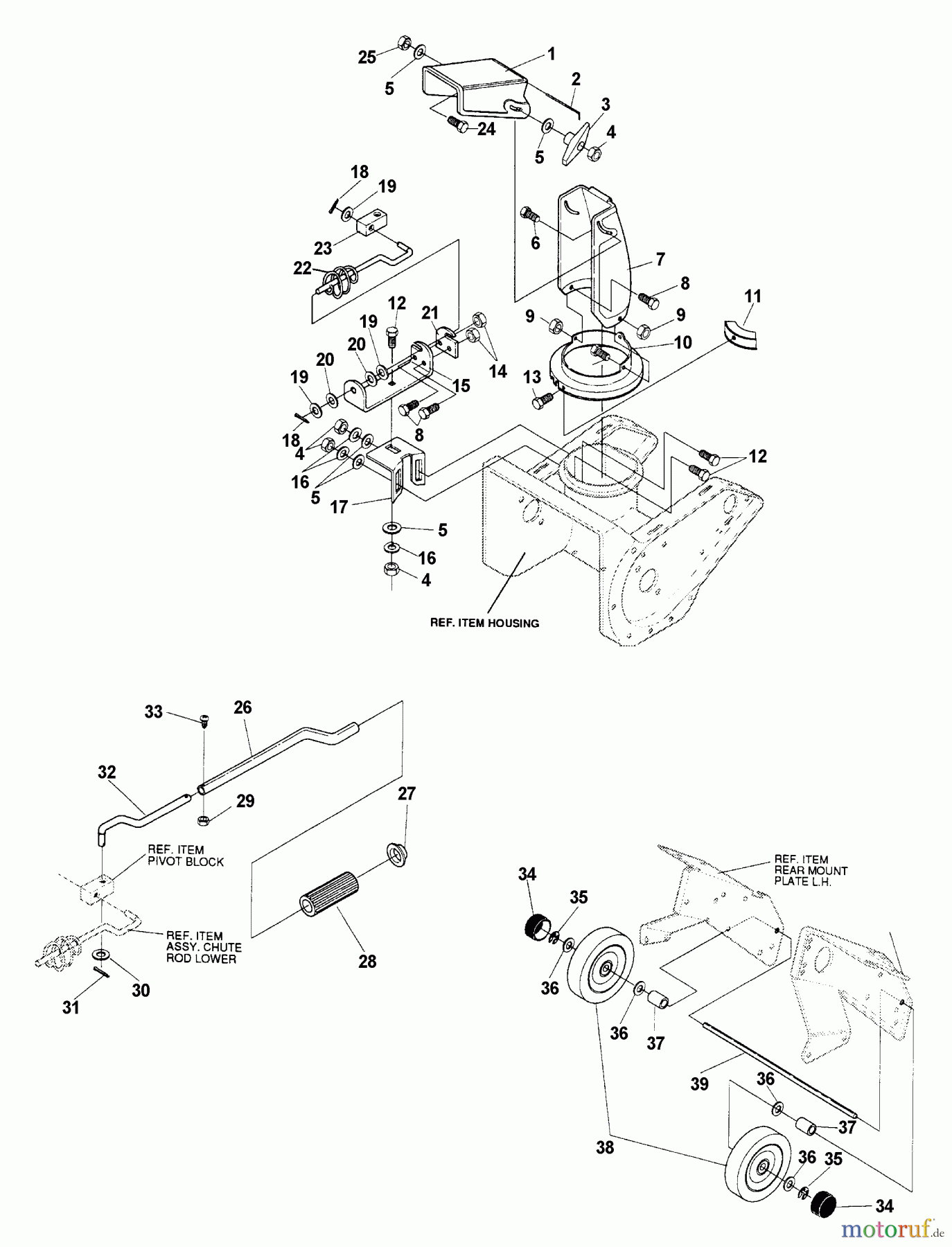 Echo Schneefräsen ST-5000E - Echo Snow Thrower, 1998 Model (Type 1E) Chute, Chute Control, Wheel Assembly