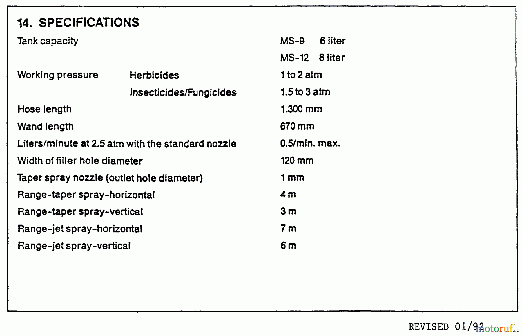  Echo Pflanzenschutzspritzen MS-12 - Echo Manual Sprayer Specifications