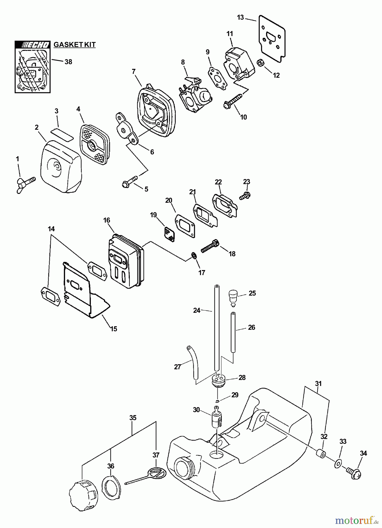 Echo Trimmer, Faden / Bürste GT-2000R - Echo String Trimmer (Type 1E) Intake, Exhaust, Fuel System