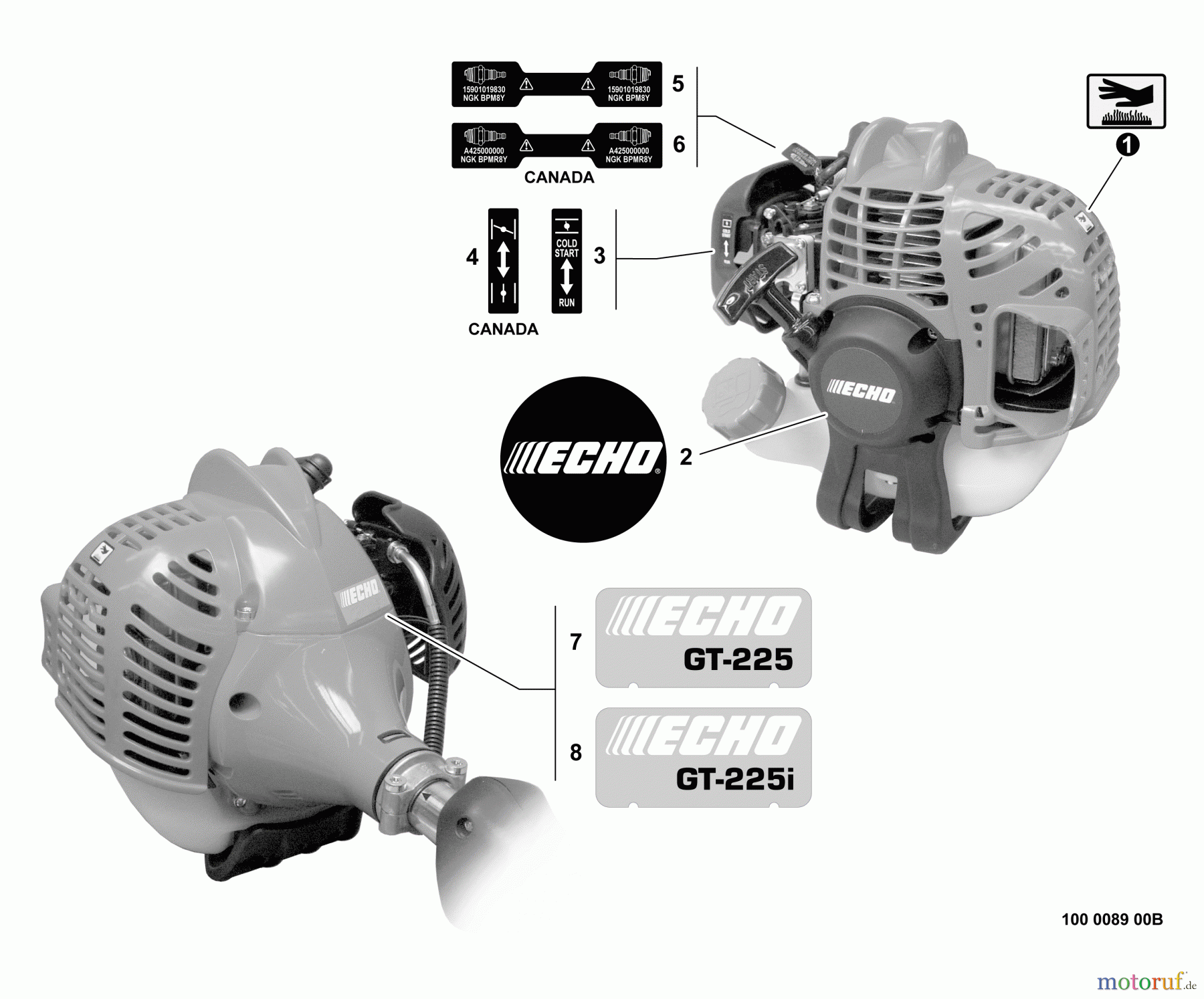Echo Trimmer, Faden / Bürste GT-225i - Echo String Trimmer, S/N:S54711001001 - S54711999999 Labels