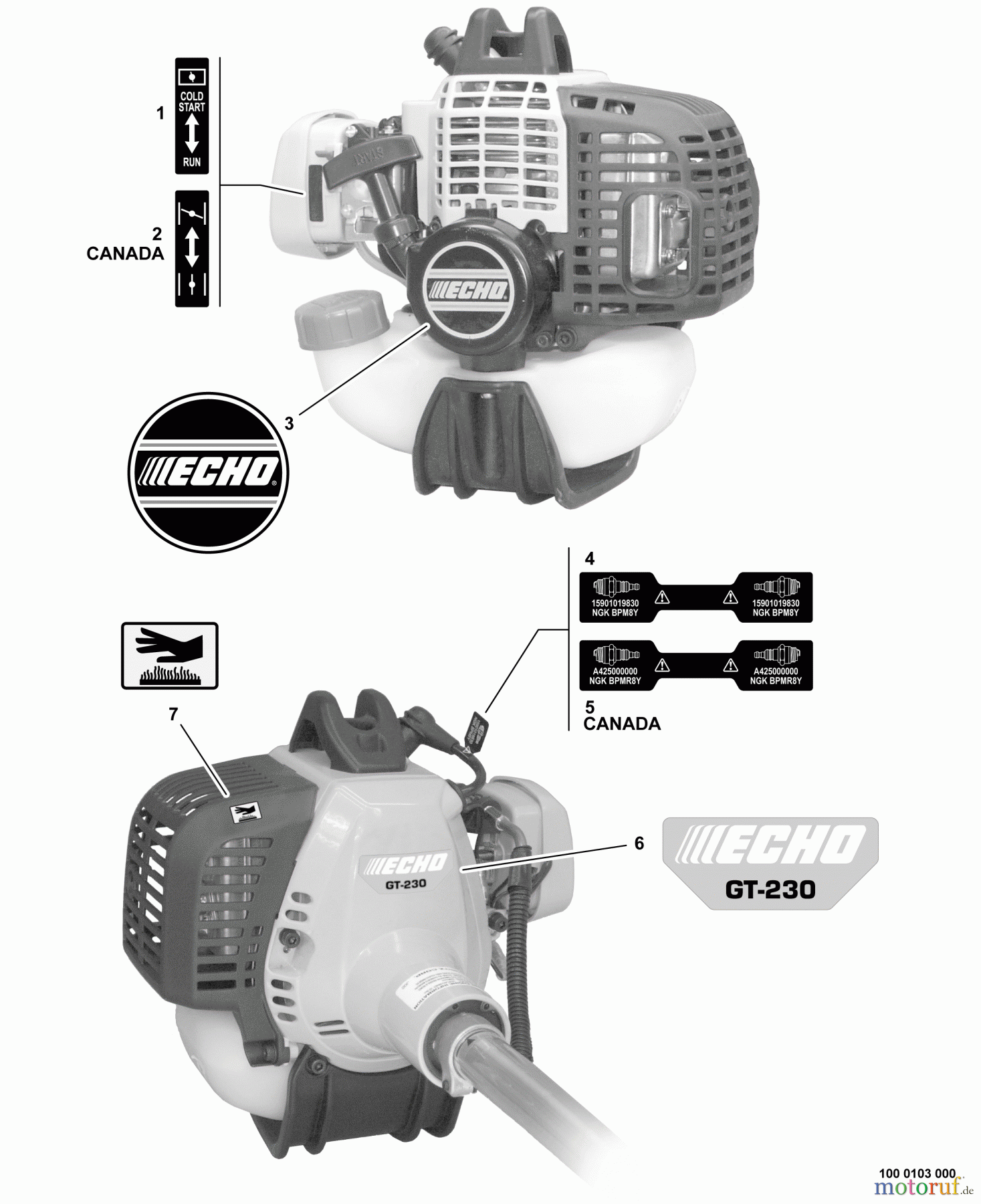 Echo Trimmer, Faden / Bürste GT-230 - Echo String Trimmer, S/N:S85811001001 - S85811999999 Labels