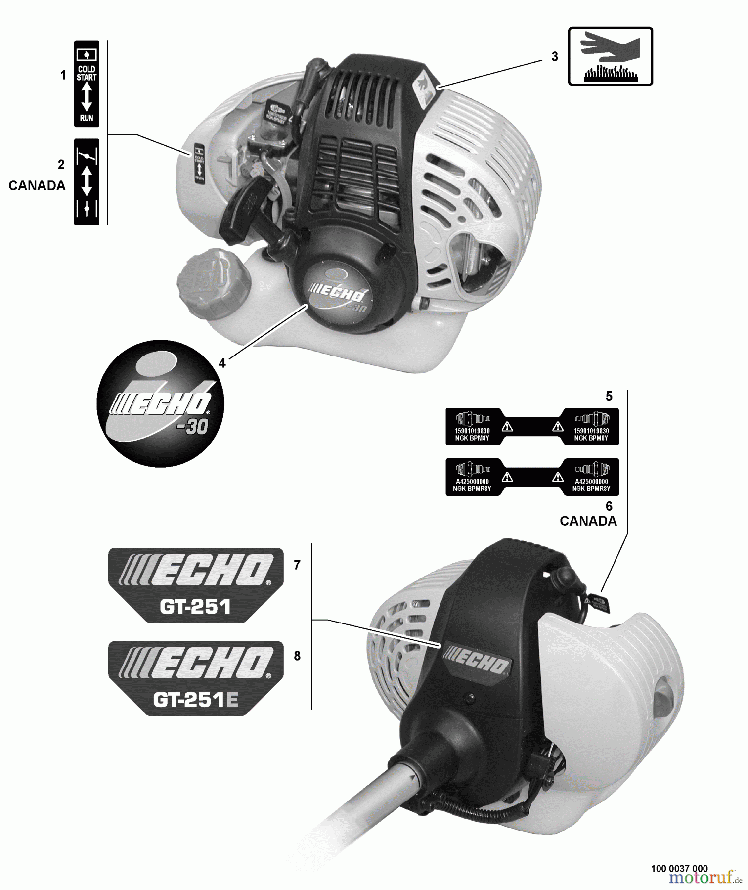 Echo Trimmer, Faden / Bürste GT-251 - Echo String Trimmer, S/N:S80013001001 - S80013999999 Labels