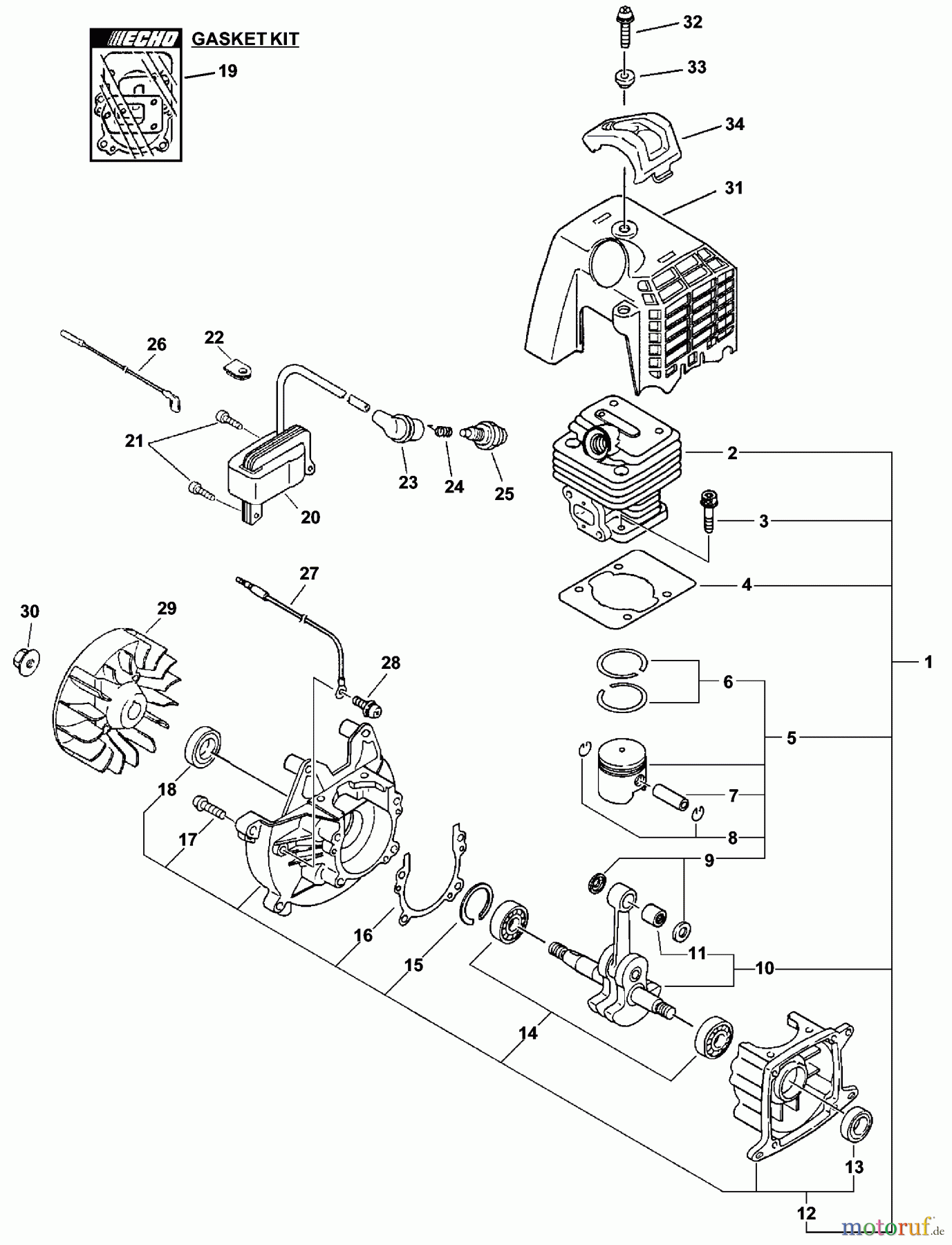 Echo Trimmer, Faden / Bürste PAS-231 - Echo Power Unit, S/N: 02001001 - 02999999 Engine, Short Block, Ignition, Cylinder Cover
