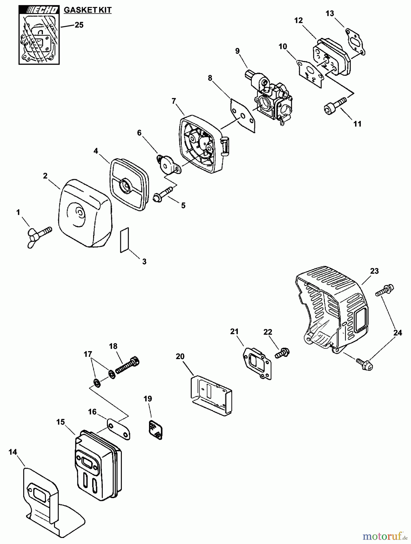 Echo Trimmer, Faden / Bürste PAS-231 - Echo Power Unit, S/N: 02001001 - 02999999 Intake, Exhaust