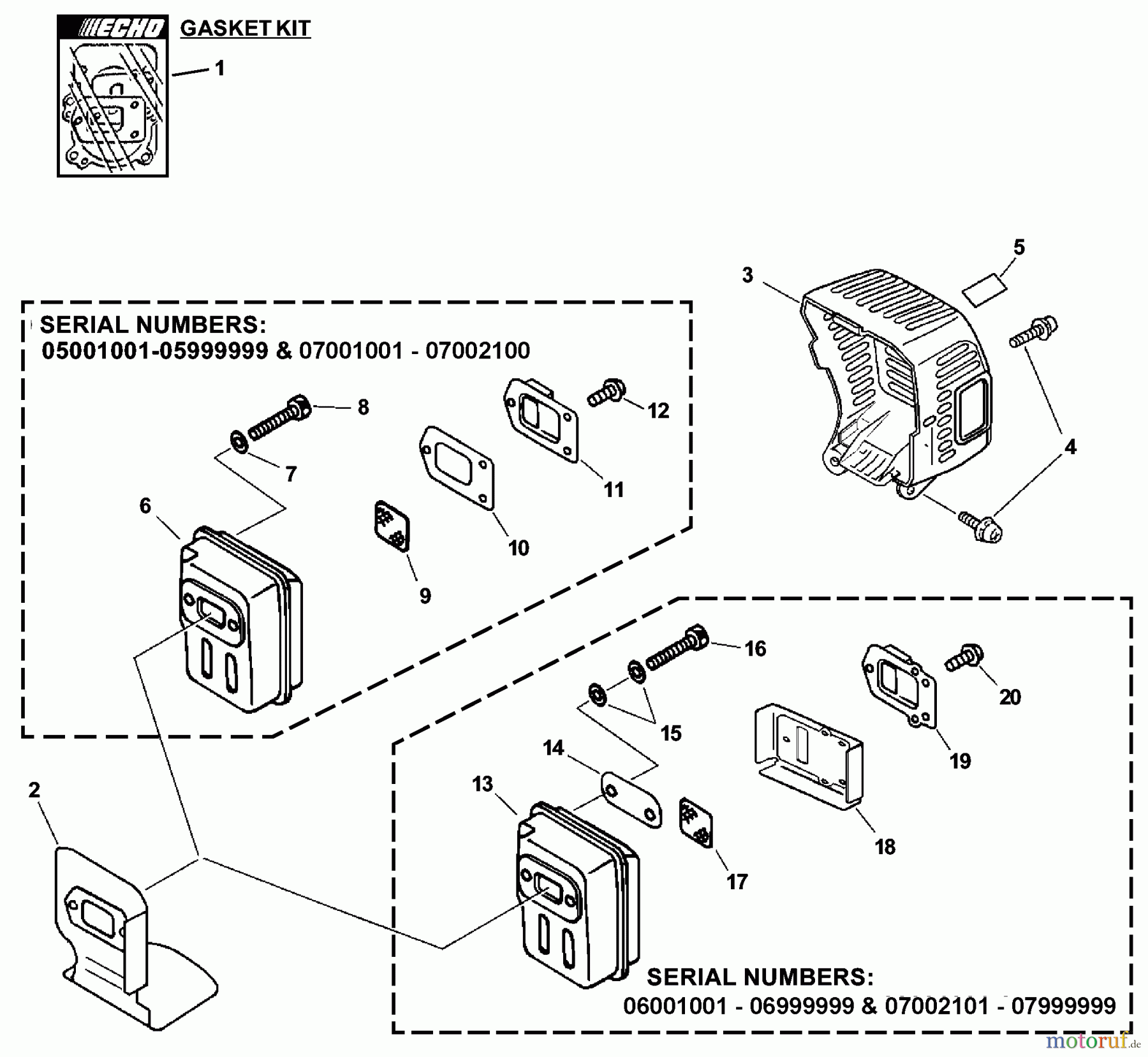 Echo Trimmer, Faden / Bürste PAS-230 - Echo Power Unit, S/N: 07001001 - 07999999 Exhaust