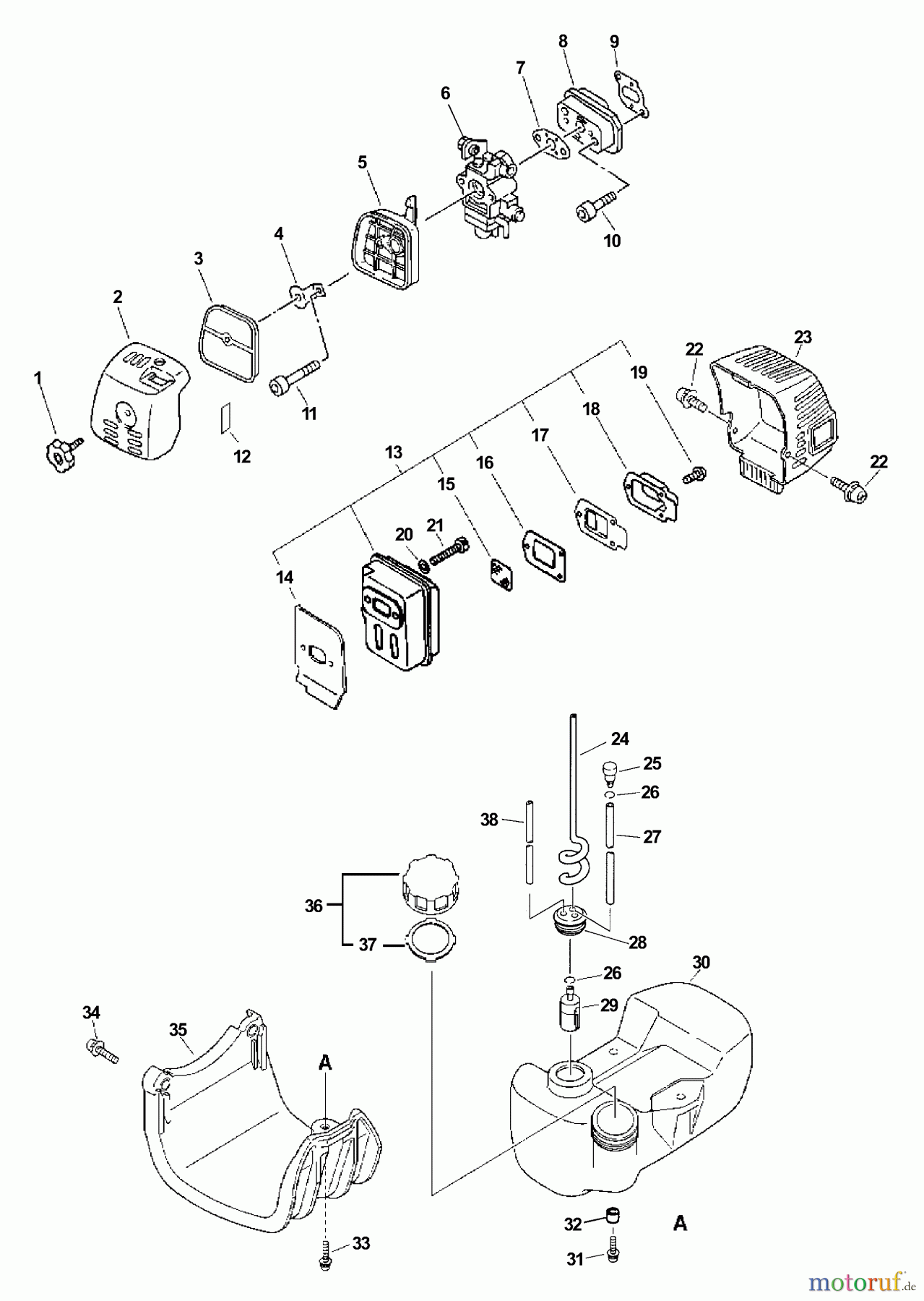 Echo Trimmer, Faden / Bürste PAS-2601 - Echo Power Unit (Type 1E) Intake, Exhaust, Fuel System, Stand