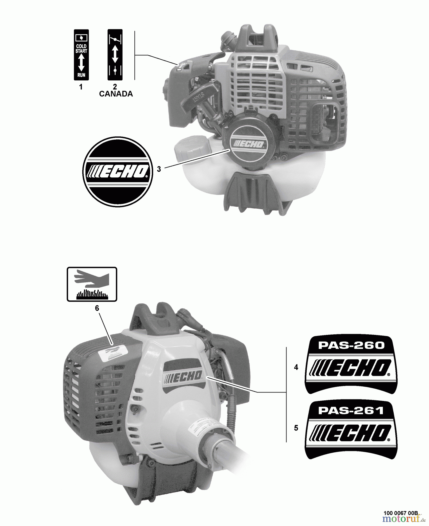 Echo Trimmer, Faden / Bürste PAS-260 - Echo Power Unit, S/N: 03001001 - 03999999 Labels